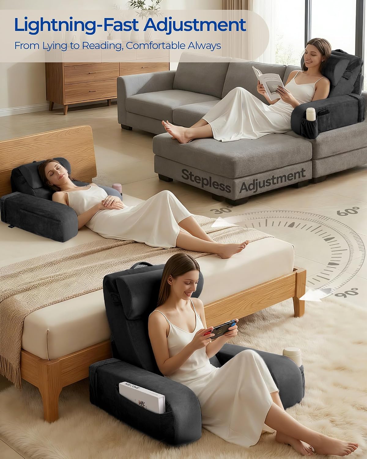 Reading Pillow with 30-90° Stepless Adjustable Angle & Height, 2 in 1 Back Wedge Pillow for Bed Sitting up with Arms Rest, Backrest…