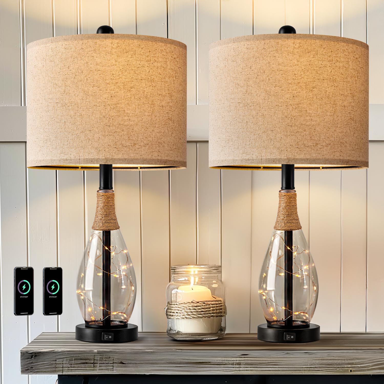 OYEARS 23" Table Lamps for Living Room Set of 2 Bedside Lamps for Night Stands Bedroom Lamps Farmhouse Rattan Boho Lamp Glass Nightlight…