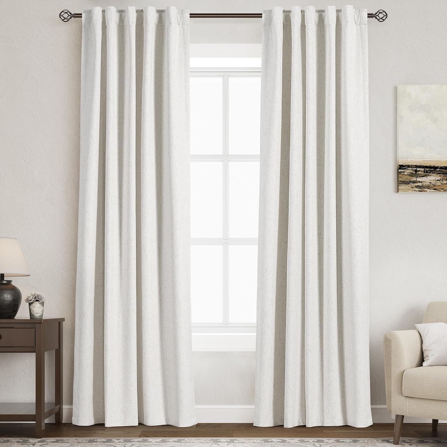 Nanspring Cream 100% Blackout Linen Curtains 80 Inch Length for Bedroom Back Tab Thermal Insulated Modern Farmhouse Decor Black Out Curtain…