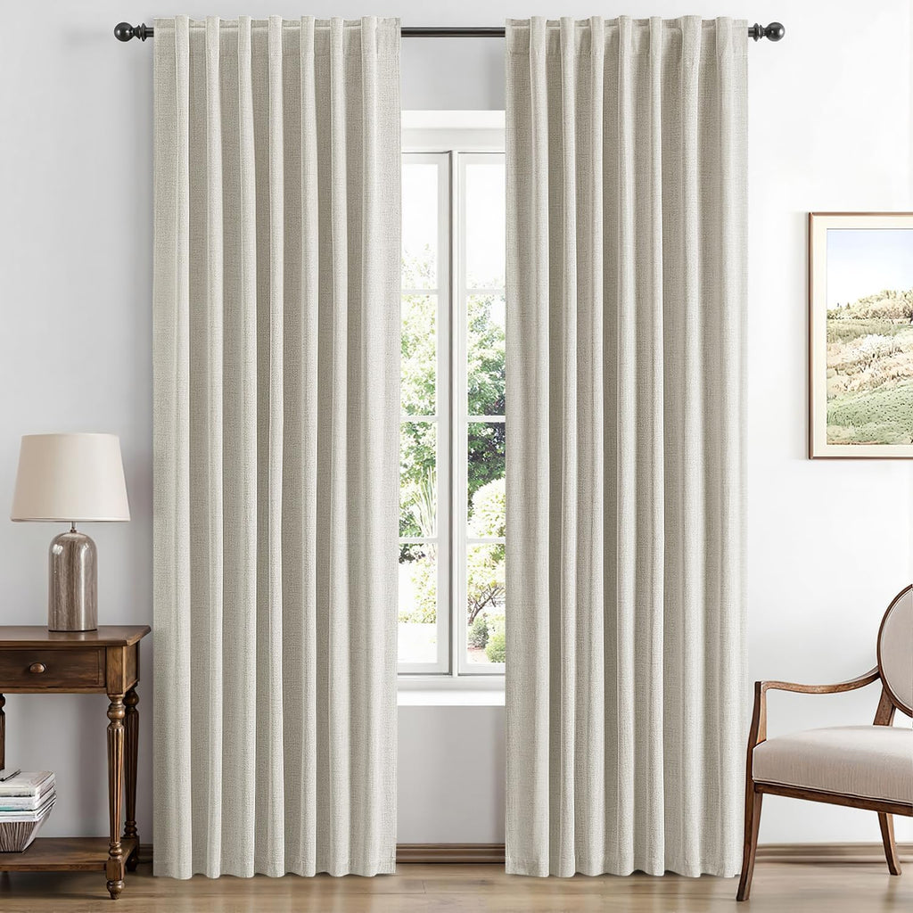 Miulee 100% Blackout Linen Curtains for Bedroom, Light Cream Solid Luxury Decor Thermal Insulation Room Darkening Drapes for Living Room Nu…