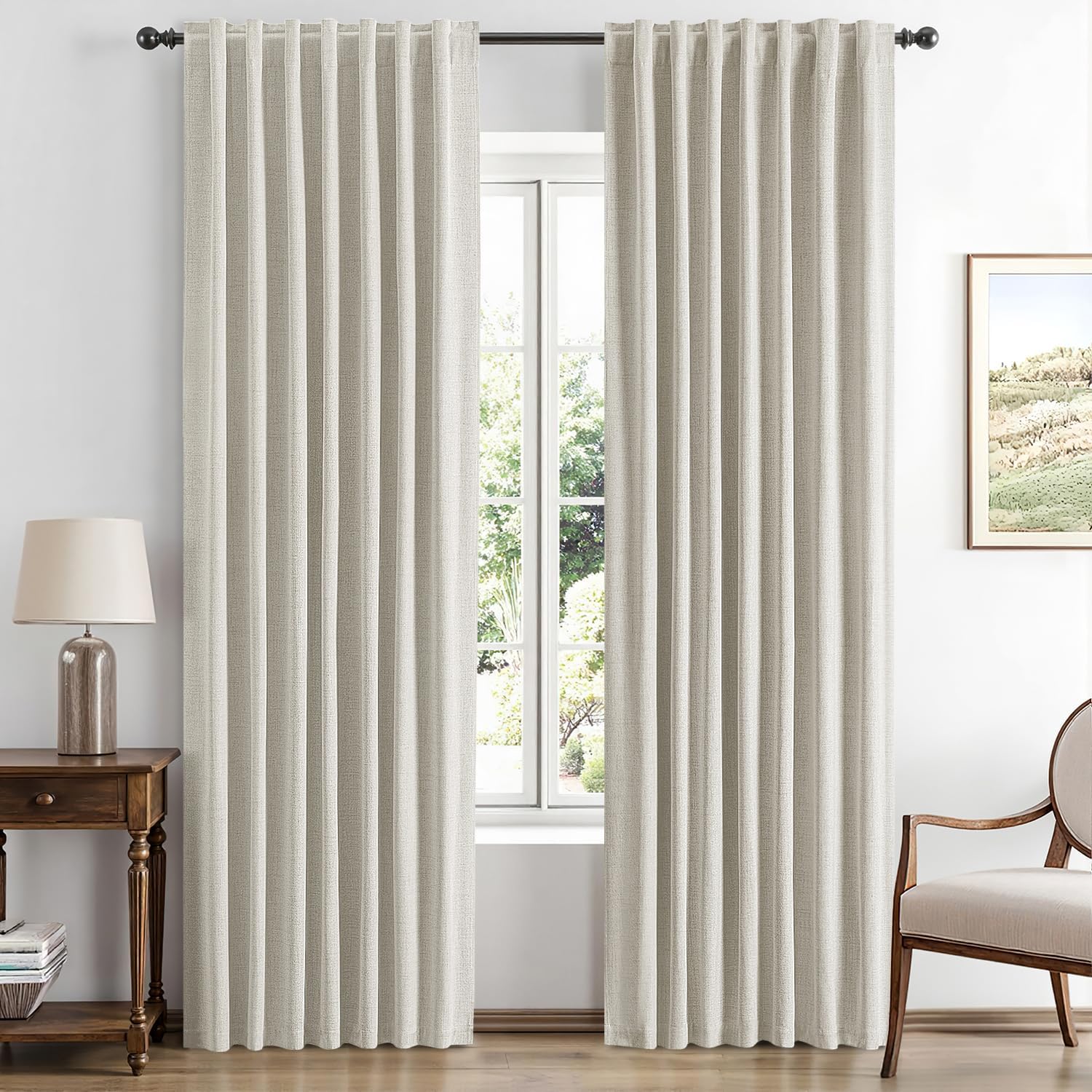 Miulee 100% Blackout Linen Curtains for Bedroom, Light Cream Solid Luxury Decor Thermal Insulation Room Darkening Drapes for Living Room Nu…