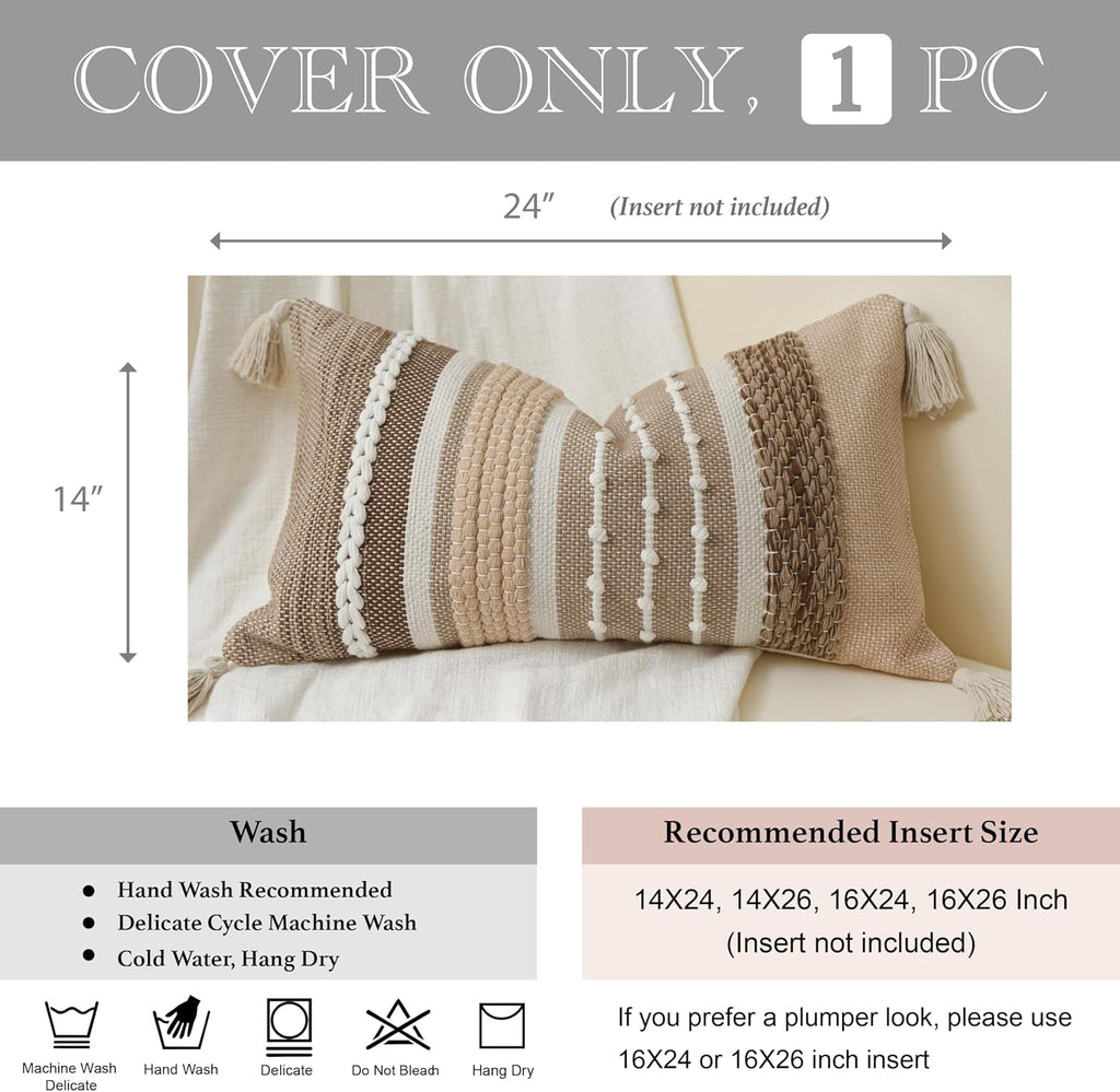BlissBlush Decorative Lumbar Throw Pillow Cover 14x24 Boho Brown Accent Cushion for Couch Sofa Farmhouse Pillowcase for Bedroom Living…