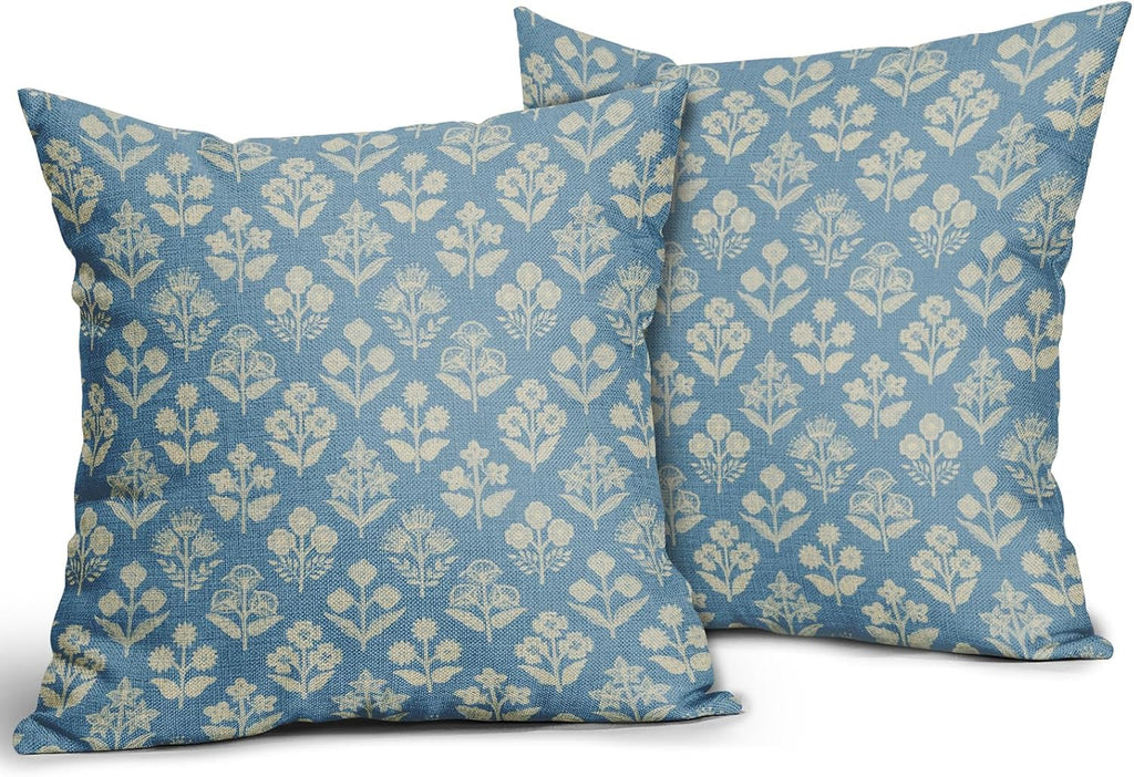 Light Blue Floral Block Print Pillow Covers 20x20 Inch Set of 2, Vintage Flower Pattern Decorative Throw Pillowcases Outdoor Farmhouse…