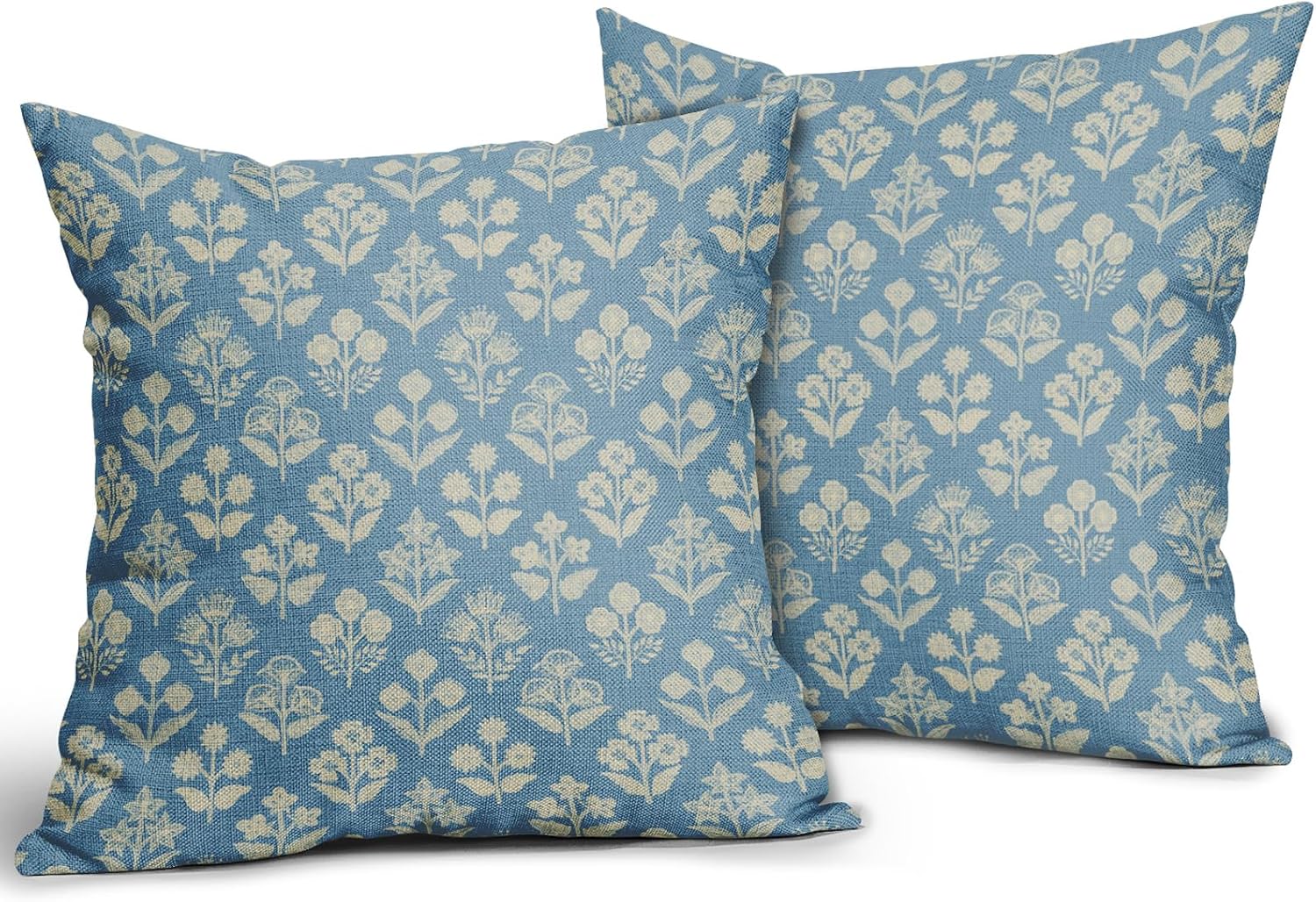 Light Blue Floral Block Print Pillow Covers 20x20 Inch Set of 2, Vintage Flower Pattern Decorative Throw Pillowcases Outdoor Farmhouse…