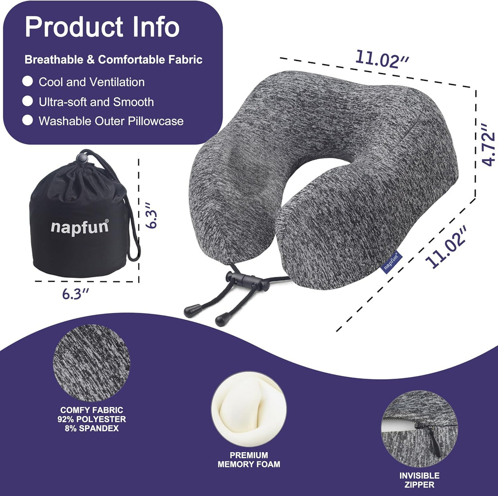 napfun Neck Pillow for Traveling, Upgraded Travel Neck Pillow for Airplane 100% Pure Memory Foam Travel Pillow for Flight Headrest Sleep…