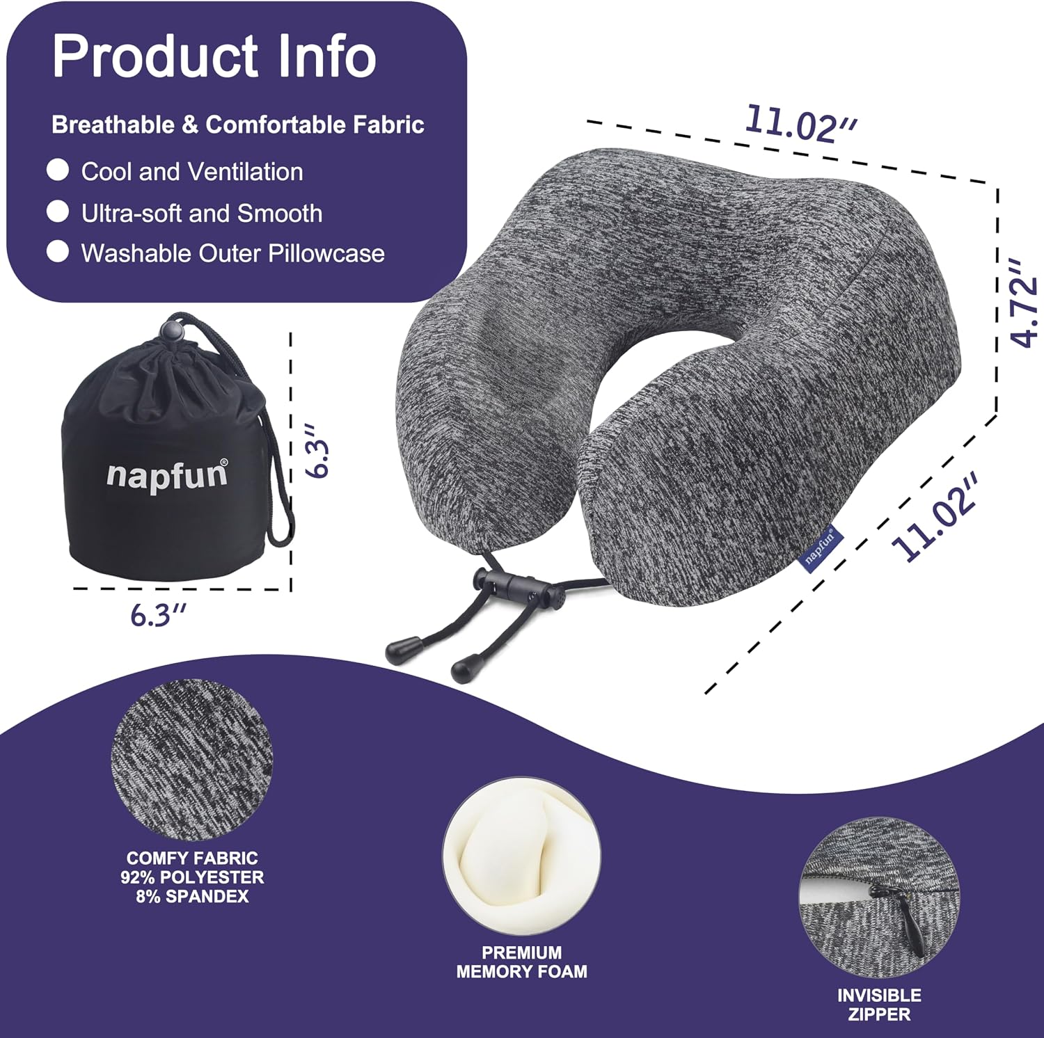 napfun Neck Pillow for Traveling, Upgraded Travel Neck Pillow for Airplane 100% Pure Memory Foam Travel Pillow for Flight Headrest Sleep…
