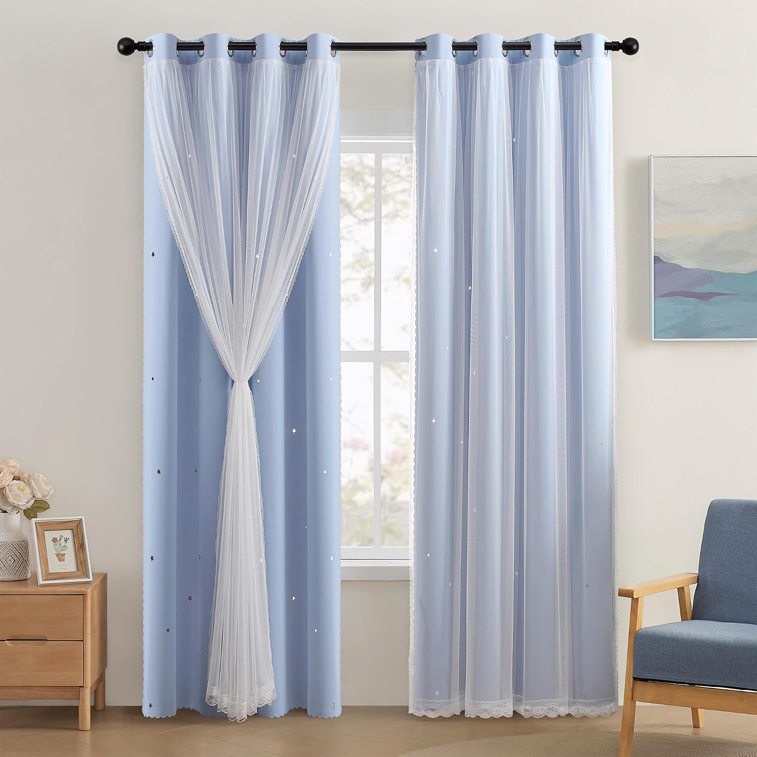 Addsomecolortolife XiDi Blue Curtains for Bedroom, Girls Room Blackout Curtains, Kids Room Darkening Curtains, Light Blue Decor, 1 Panel Li…