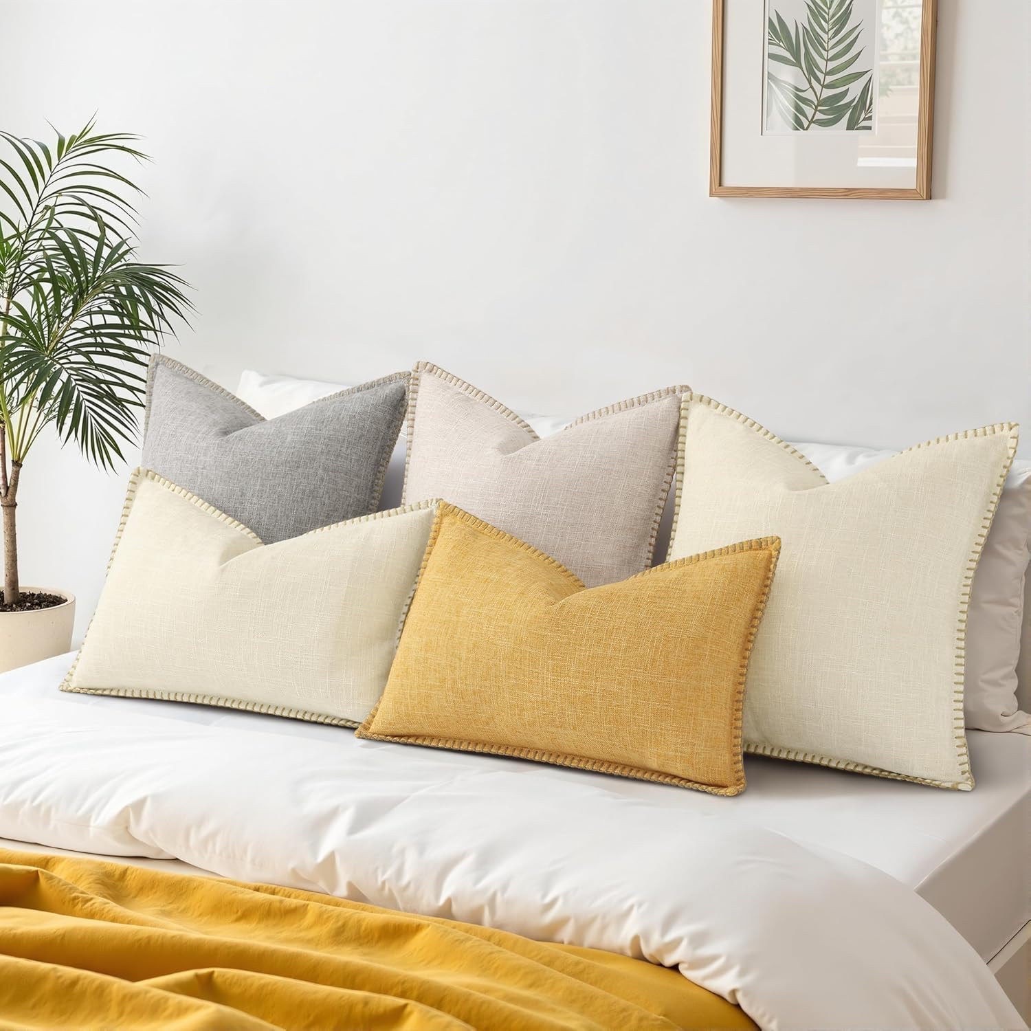 decorUhome Summer Decorative Throw Pillow Covers 12x20 Set of 2 Lumbar Faux Linen Farmhouse Pillow Covers with Stitched Edge Outdoor…
