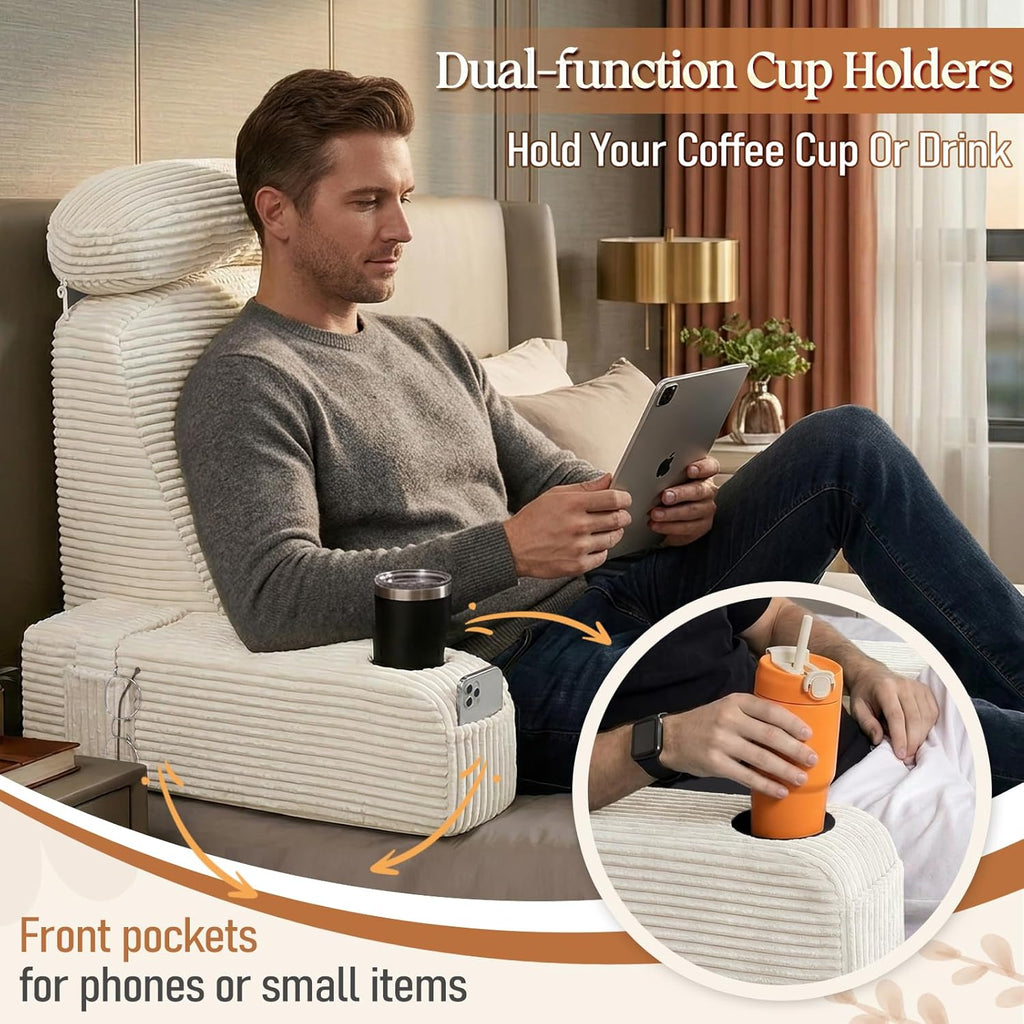 Reading Pillow/Backrest Pillow with Arms, Cup Holder & Phone Pocket - Bed Rest Pillow with Adjustable Headrest, Corduroy Fabric for Back…