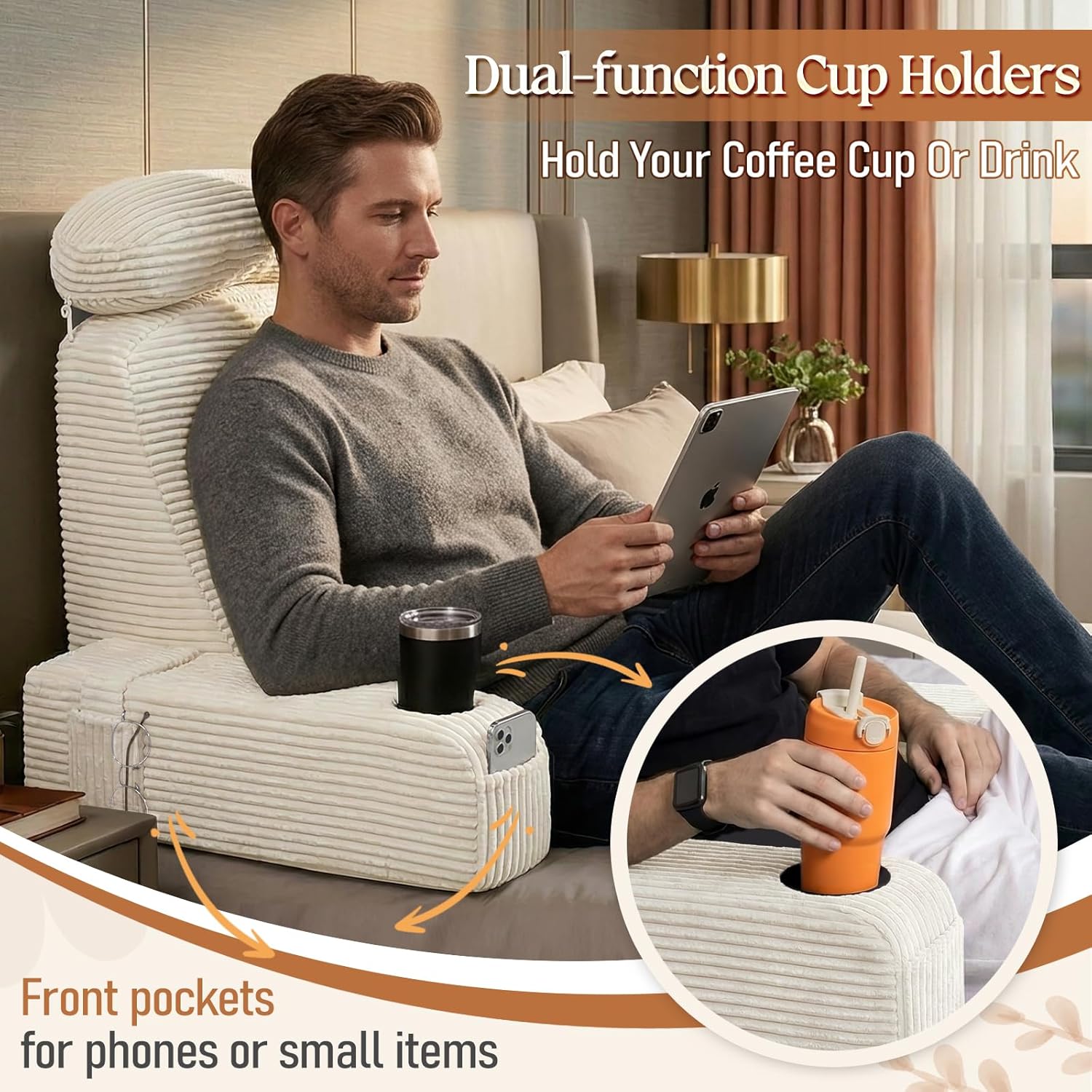 Reading Pillow/Backrest Pillow with Arms, Cup Holder & Phone Pocket - Bed Rest Pillow with Adjustable Headrest, Corduroy Fabric for Back…