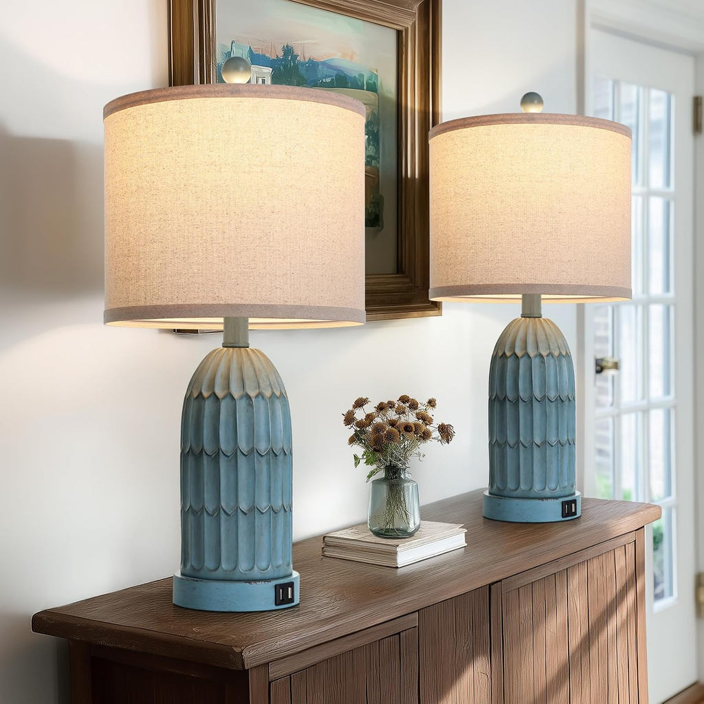 Cinkeda Coastal Table Bedside Lamps Set of 2, Farmhouse 3-Way Dimmable Touch Nightstand Lamp with 2 USB Charging Ports, Vintage Bedside…