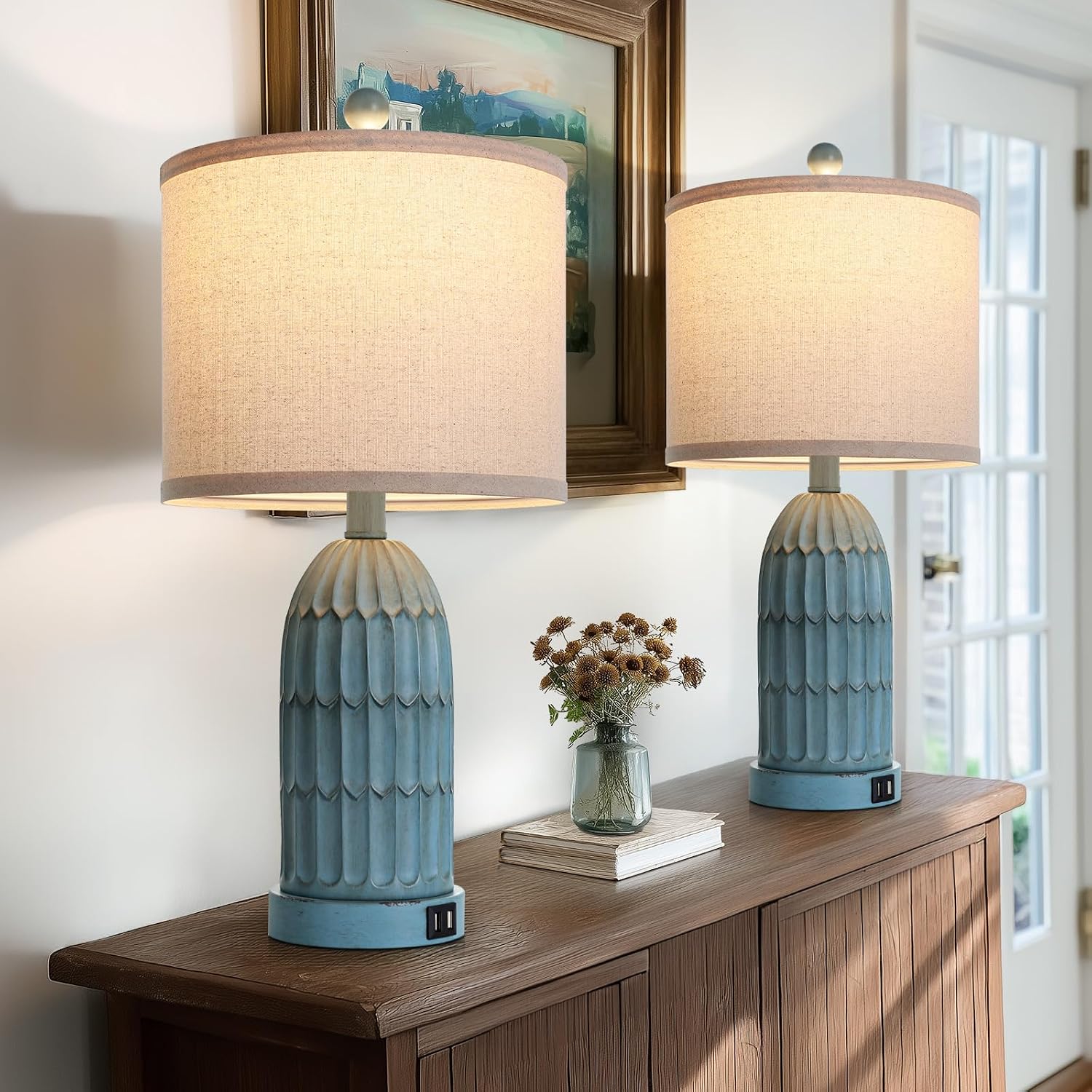 Cinkeda Coastal Table Bedside Lamps Set of 2, Farmhouse 3-Way Dimmable Touch Nightstand Lamp with 2 USB Charging Ports, Vintage Bedside…