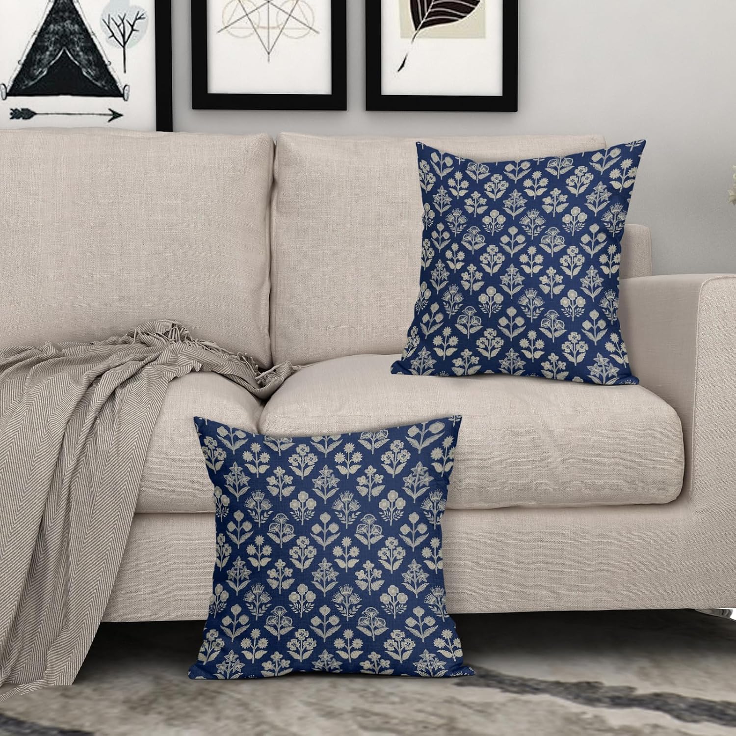 Dark Blue Floral Block Print Pillow Covers 18x18 Inch Set of 2, Vintage Flower Pattern Decorative Throw Pillowcases Outdoor Farmhouse…