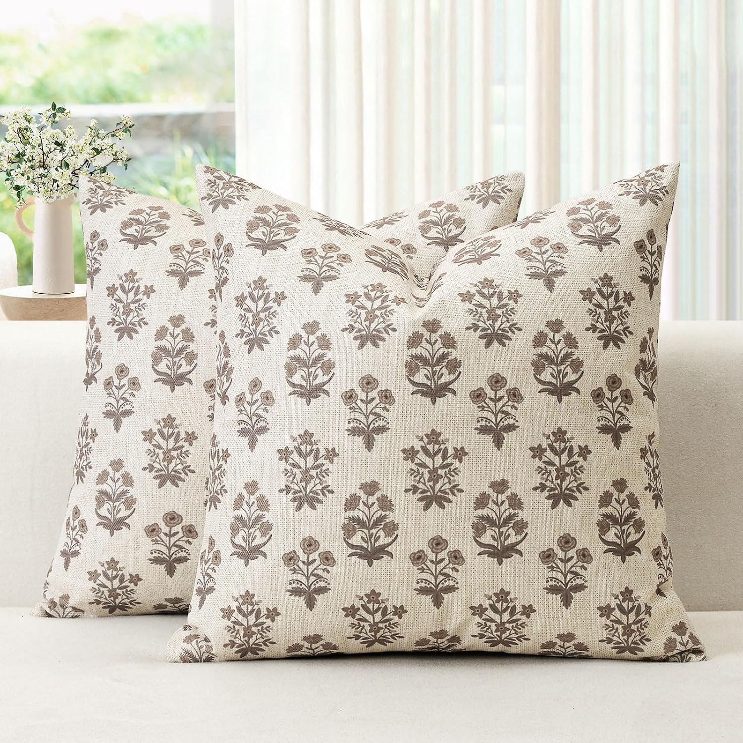 OTOSTAR Floral Print Pillow Covers 18x18 Inch Pack of 2 Double-Sided Brown Flower Square Throw Pillow Covers Farmhouse Rustic Cushion…