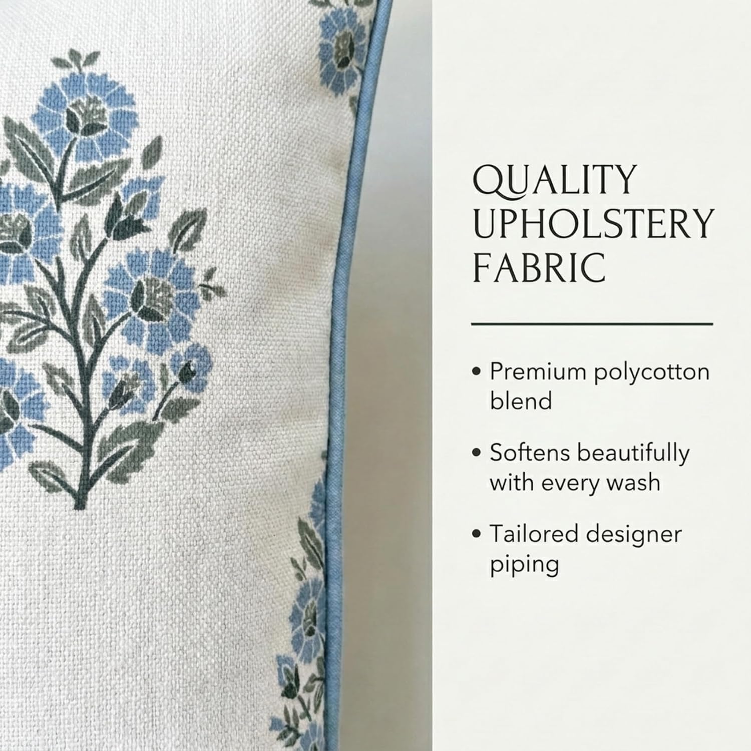 Jillien Harbor “The Camille” Decorative Pillow Cover – Blue & Whitel Floral Block Print Pillow Cover – Grandmillennial Home Decor, 24" x 24"