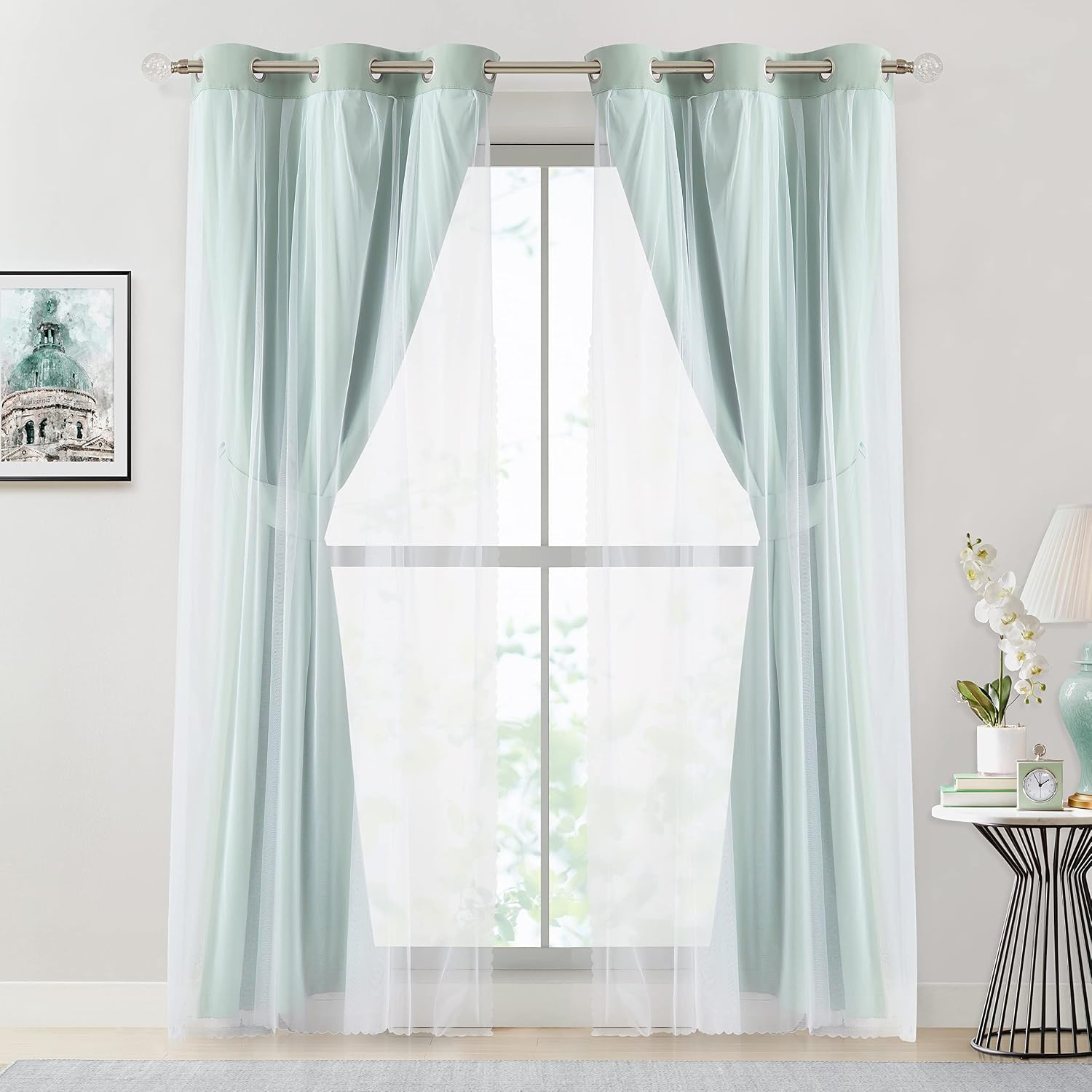 Bujasso Aqua 80% Blackout Curtains with Sheer Overlay Mix and Match Double Layer Thermal Insulated Window Panels 95 inch for Living Room Be…