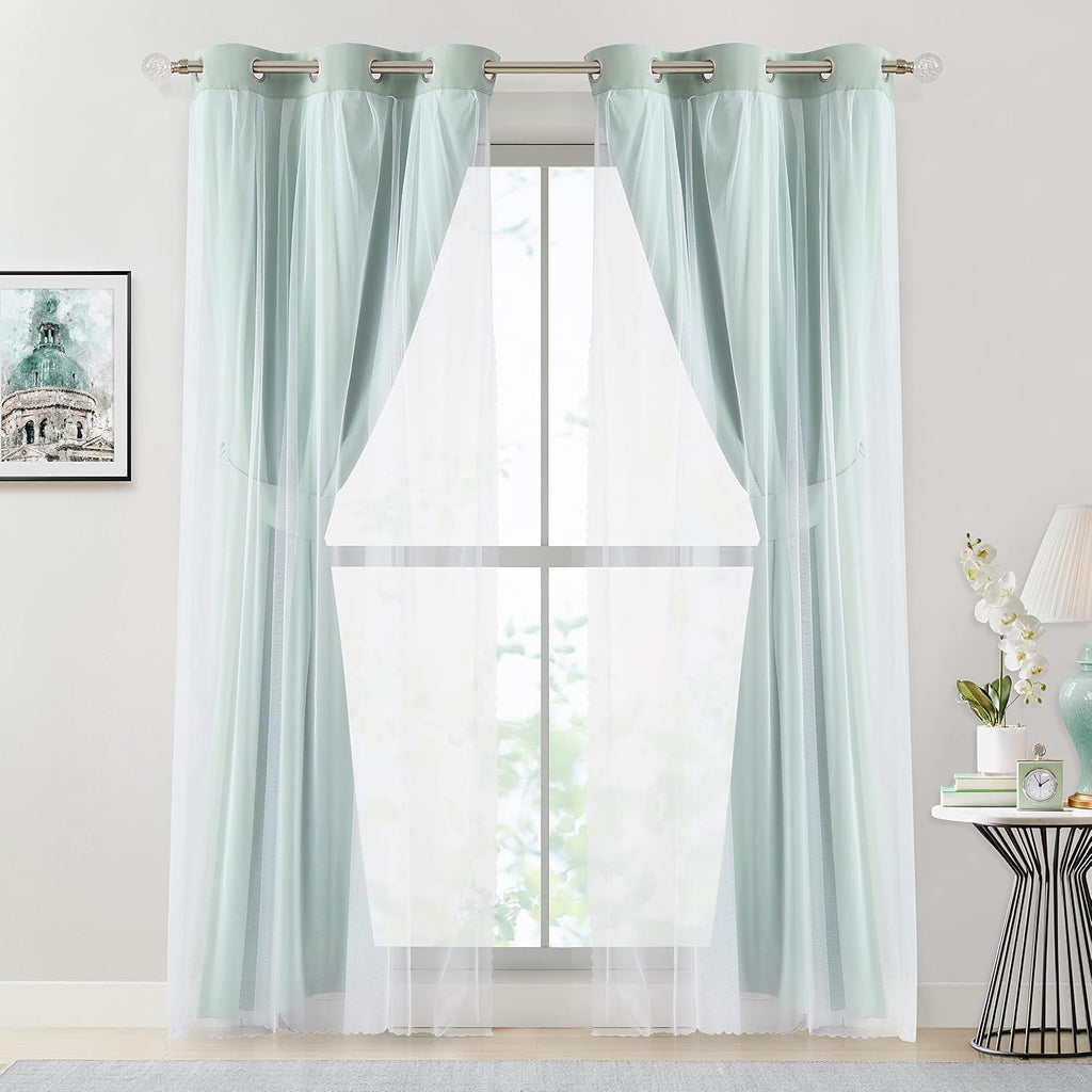 Bujasso Aqua 80% Blackout Curtains with Sheer Overlay Mix and Match Double Layer Thermal Insulated Window Panels 63 inch for Living Room Be…