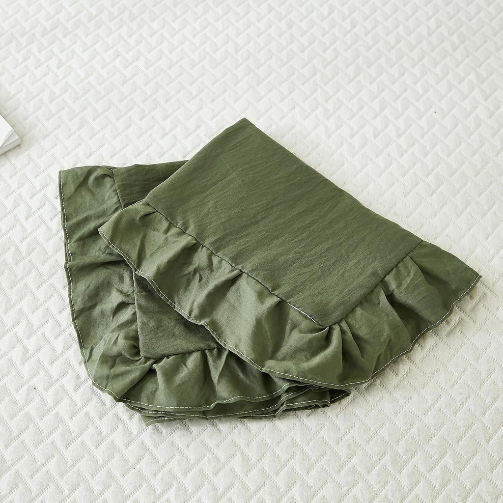 Merryword Shabby Chic Olive Green Ruffled Fringe Set of 2 Pillowcases - King (20''x36'') Green
