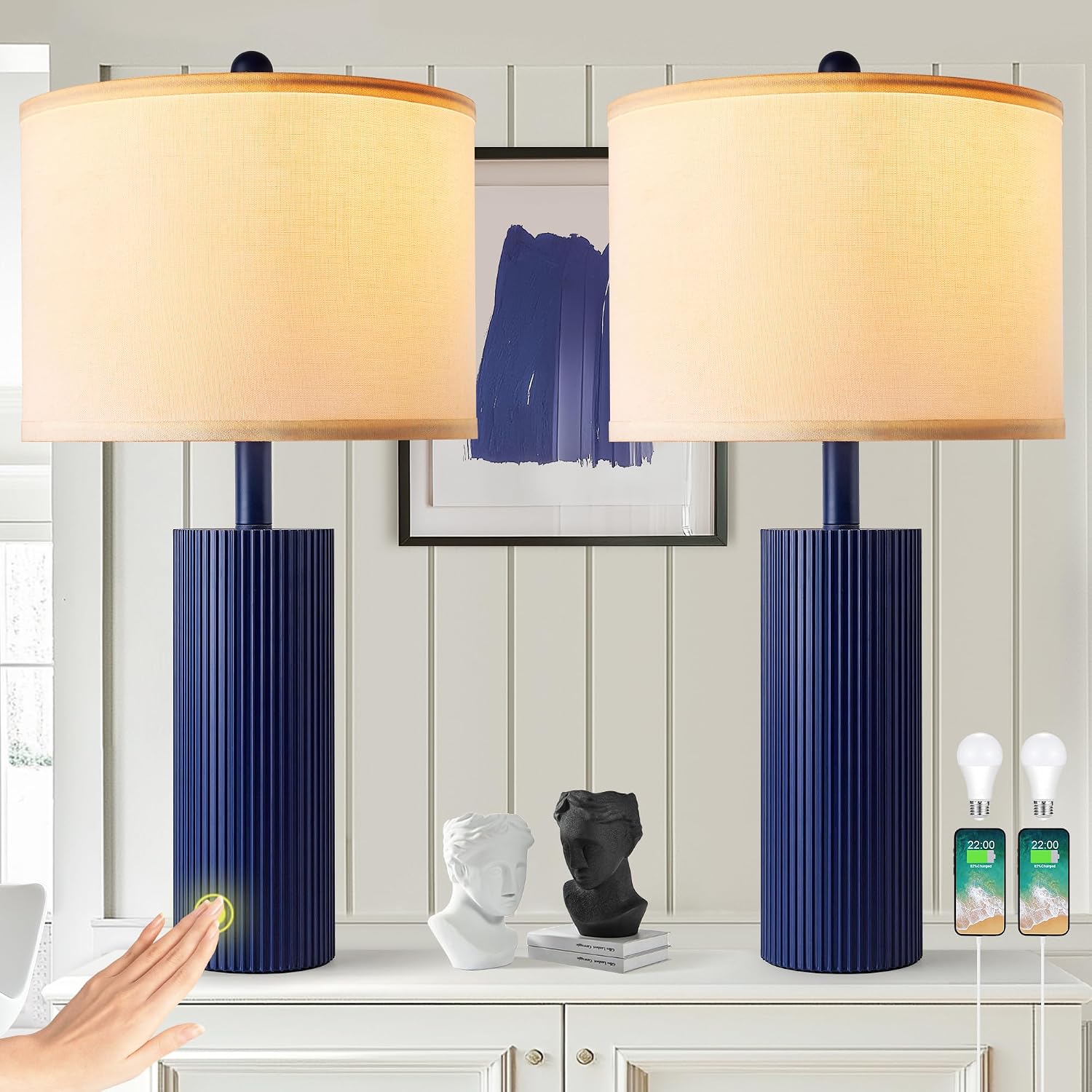 24.5" Blue Table Lamps Set of 2, Modern Living Room Touch Lamps with USB C+A Ports, 2 Bulbs Included, Table Light Fixture for Nightstand…
