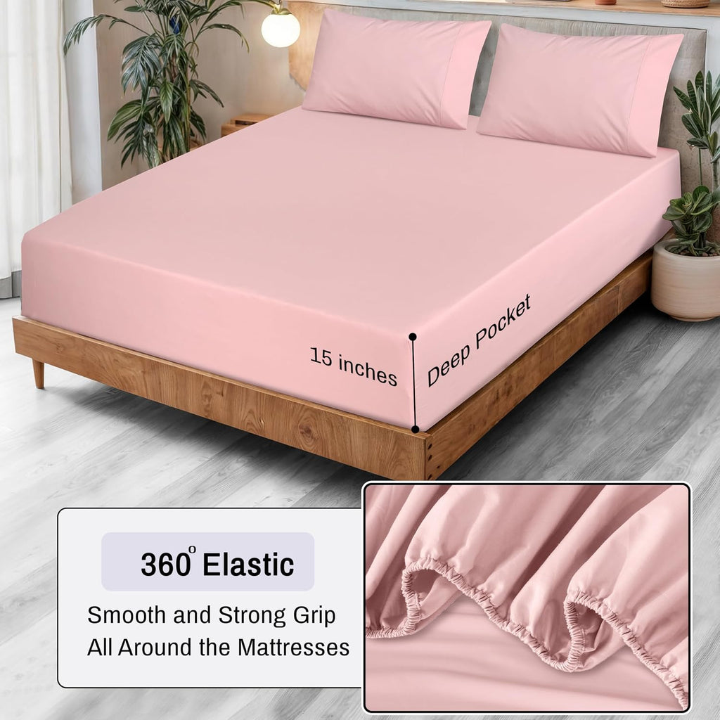 Ruvanti 100% Cotton Organic Percale Sheets Split King Size – Crisp Cooling Bed Sheets for Hot Sleepers, Deep Pocket 15”, Soft Peach Finish,…