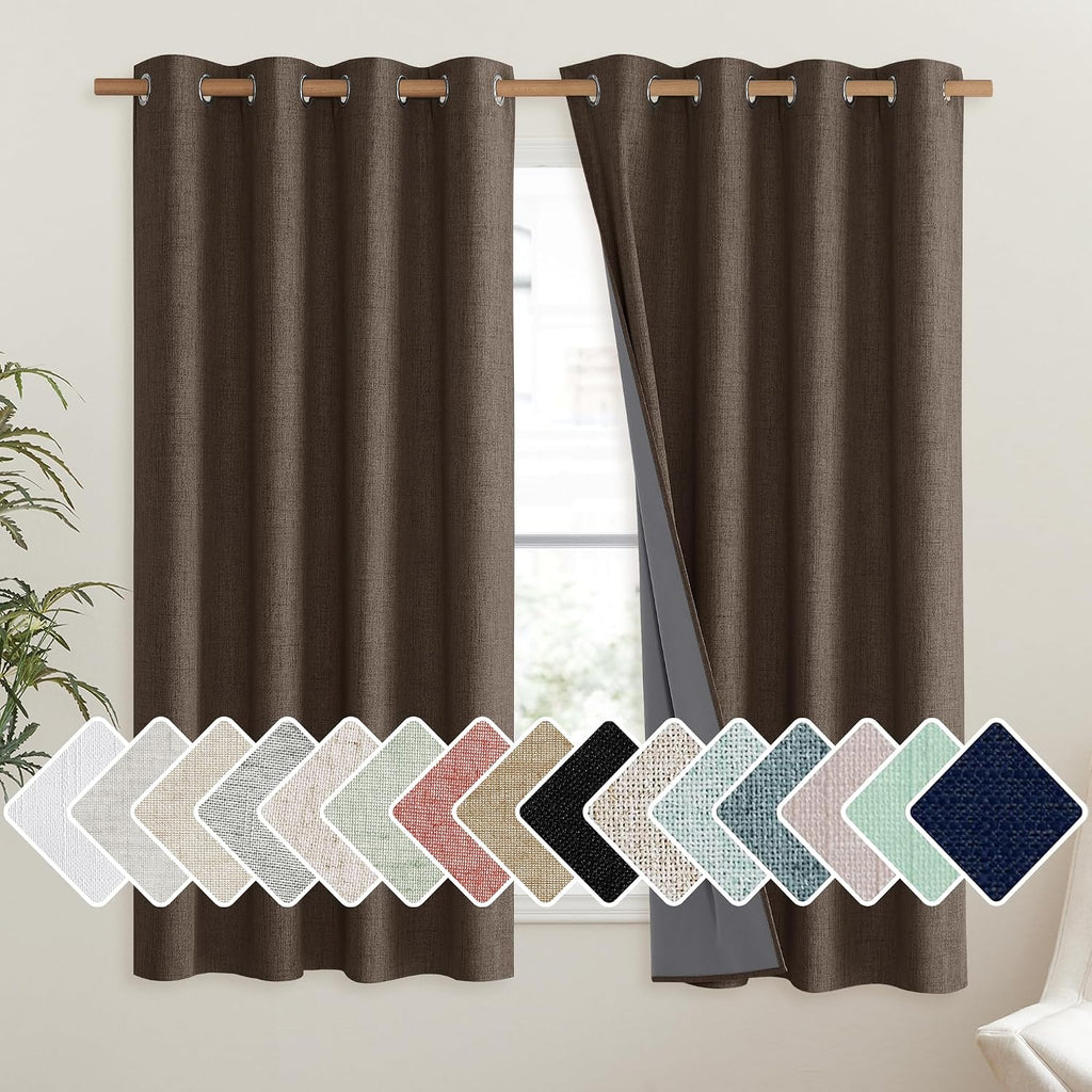 NICETOWN Coffee Vintage Linen 100% Blackout Curtains for Living Room, Thermal Insulated Curtains 63" Long, Noise Reducing Window…