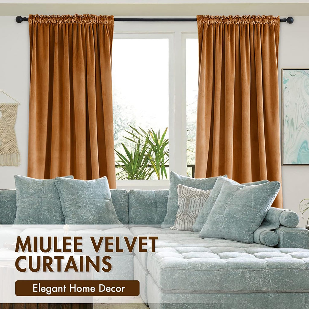 MIULEE Gold Brown Velvet Curtains Thermal Insulated Blackout Curtain Fall Drapes for Bedroom Living Room Darkening 84 Inches Long…