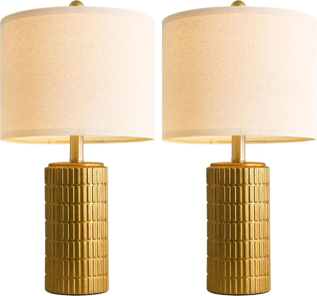 PoKat 20.75" Brass Gold Ceramic Table Lamps Set of 2 for Living Room, Small Retro Bedside Lamps for Bedroom, Nightstand Lamps for Home…
