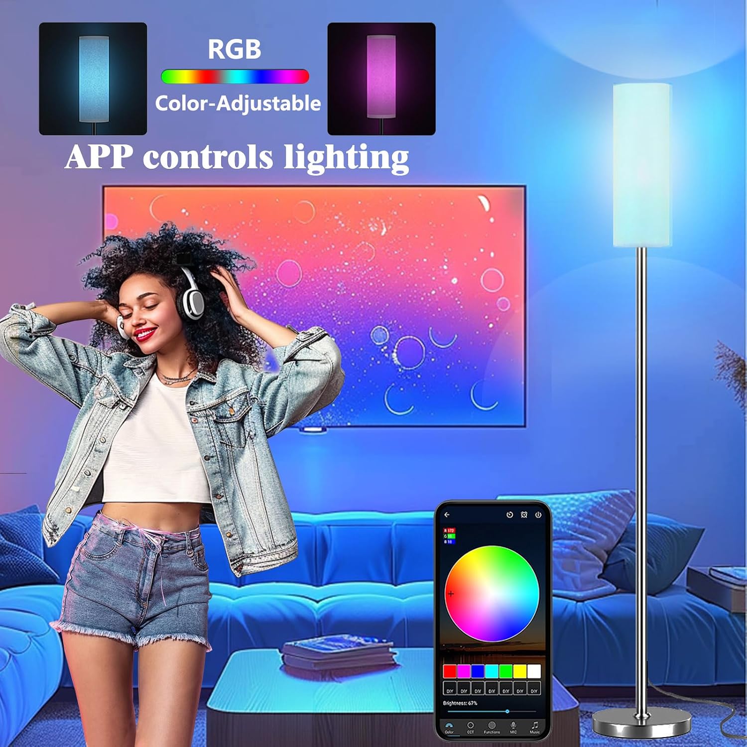 Qaubauyt Smart LED Floor Lamp with APP Control & RGB Colors - Dimmable Standing Lamp for Living Room, Bedroom, Gaming - Remote, Timer, 9W…