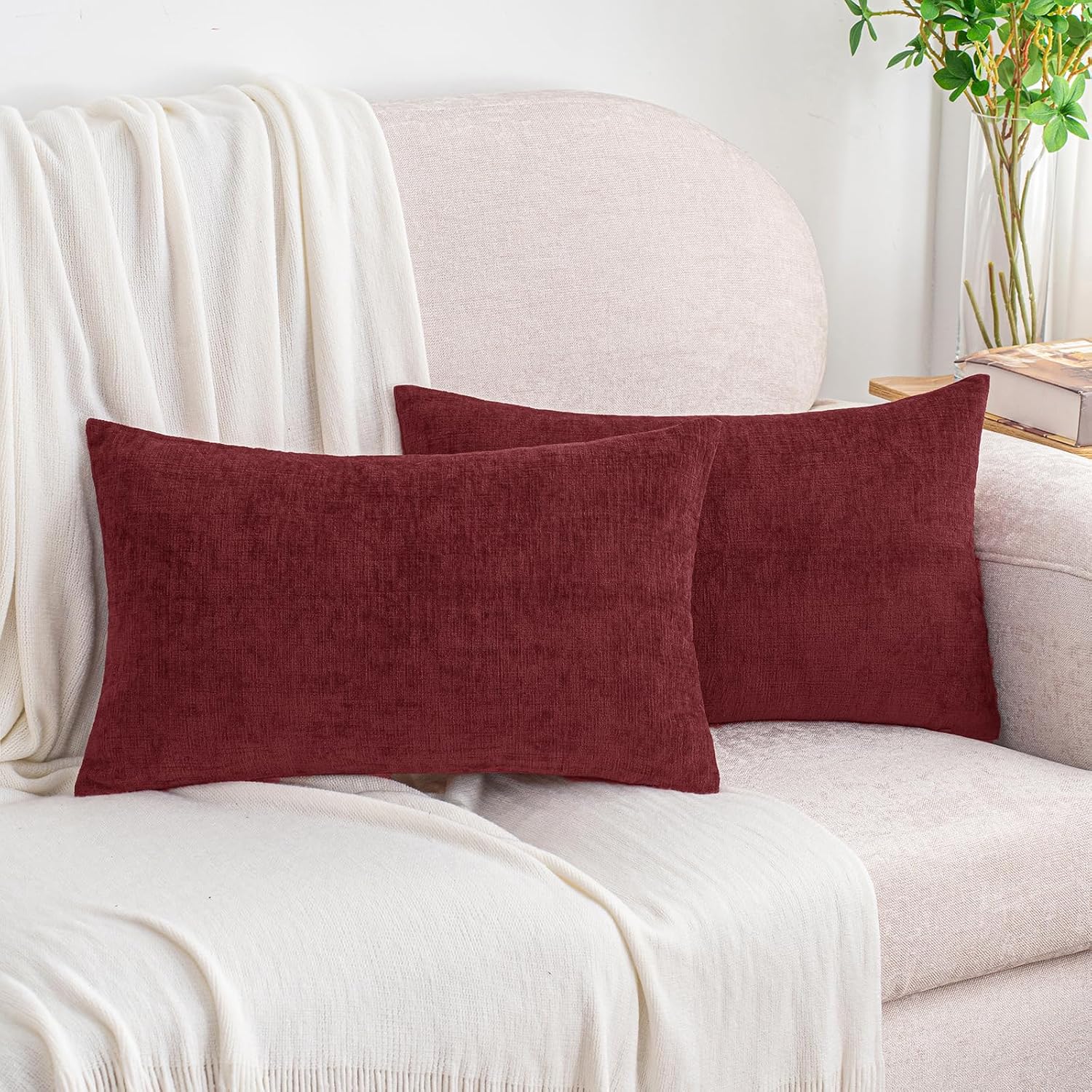 Hwy50 HWY 50 Burgundy Red Lumbar Pillow Covers 12x20 Inch Pack of 2, Soft Chenille Decorative Throw Pillow Covers Farmhouse for Couch Sofa…