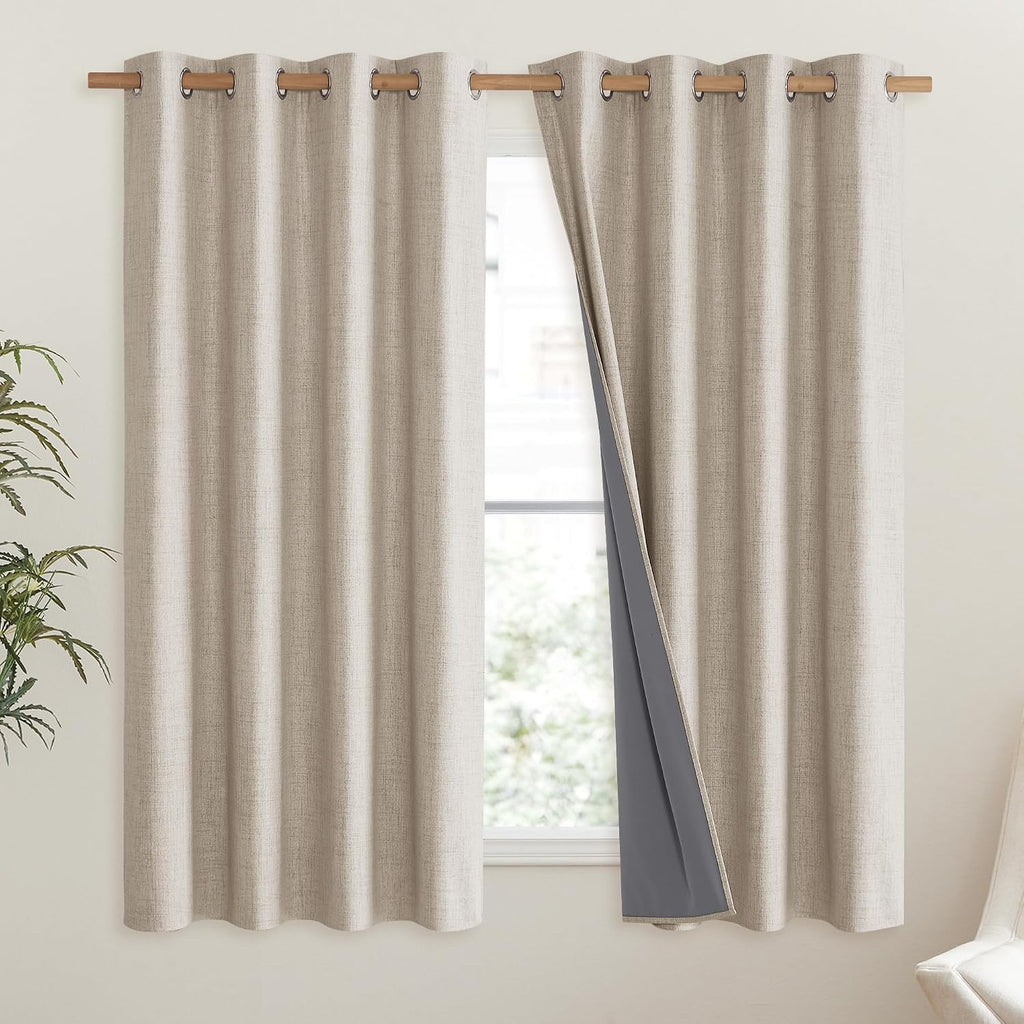 NICETOWN Oatmeal Linen Complete Blackout Curtains 48 inches for Kids Room, 2 Panels, Thermal Insulated & Noise Reducing Window Draperies…