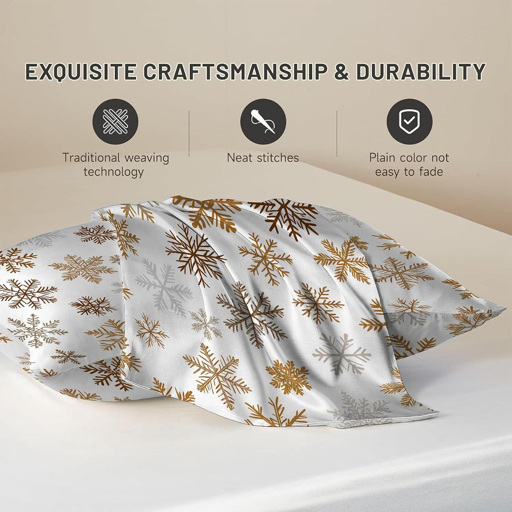 Imitation Silk Pillowcase for Hair and Skin The Holiday Season Gold Snowflakes 1 Pack Satin Queen Pillowcase with Hidden Zipper Cooling…