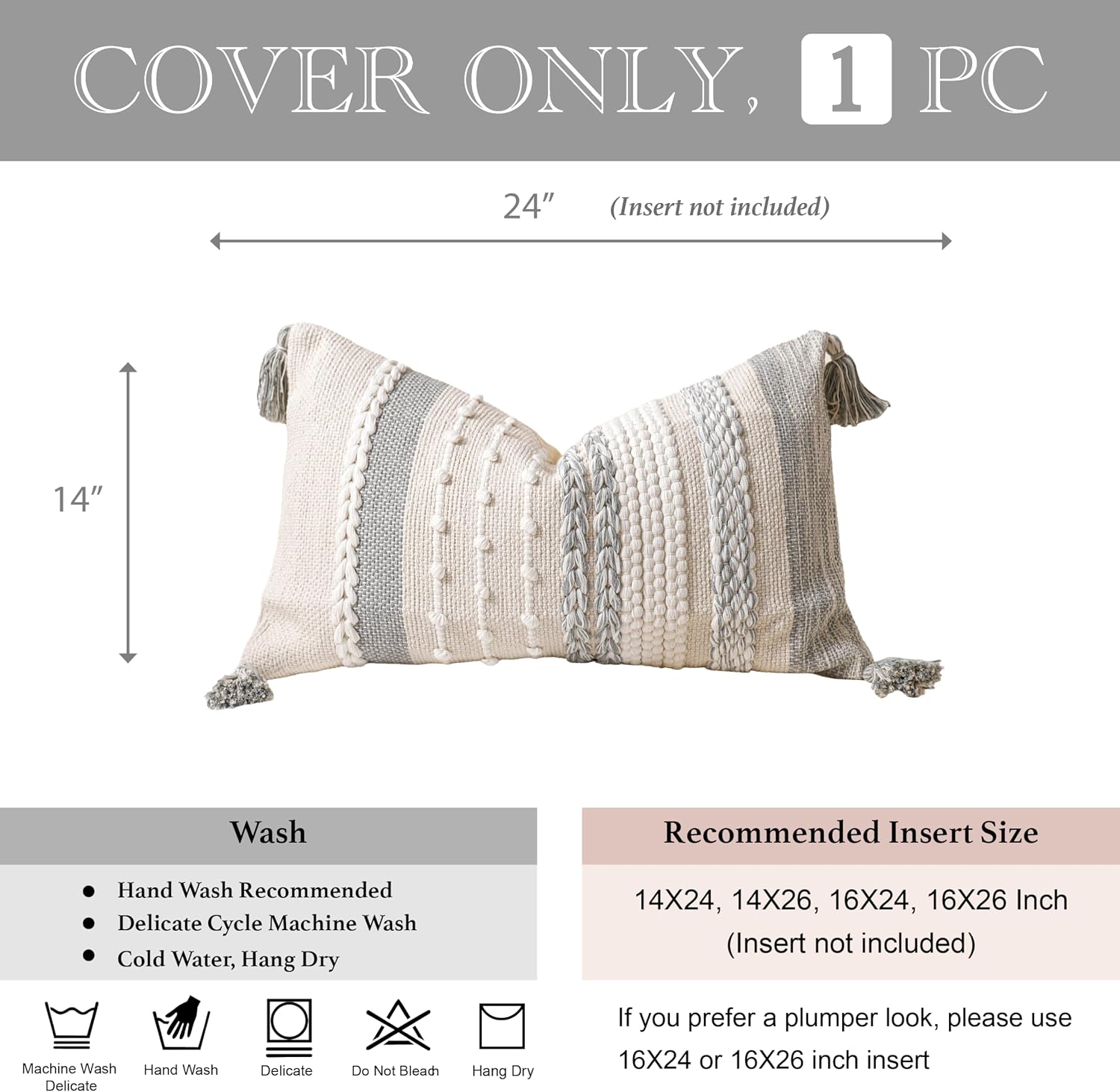 BlissBlush Gray Decorative Lumbar Pillow Cover 14x24, Grey Boho Long Body Pillow for Bed, Farmhouse Lumbar Throw Pillow for Couch, Modern…