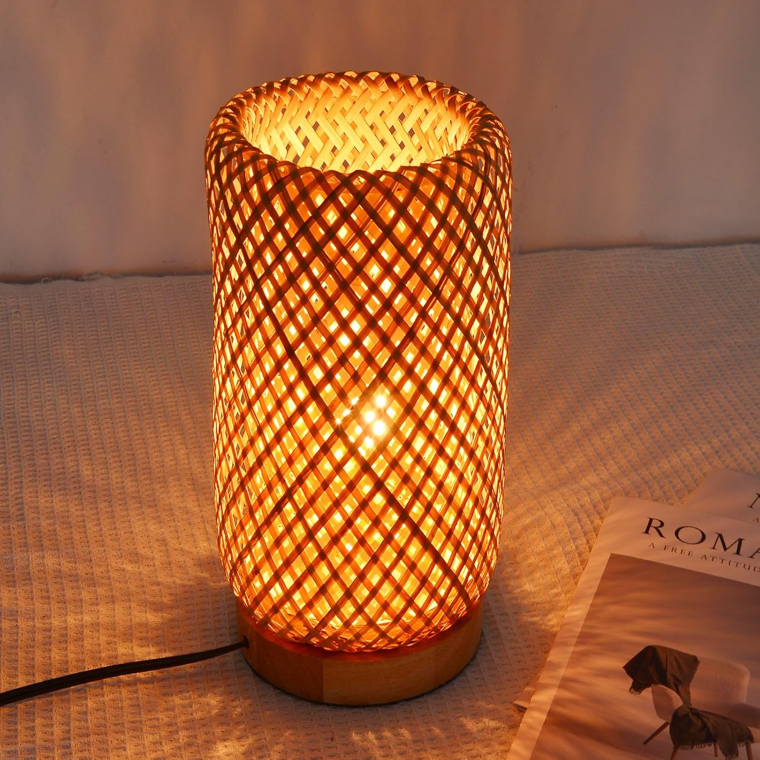 Arturesthome Bamboo Desk Light Woven Boho Beside Lamp Vintage Wicker Wooden Nightstand Lamp for Living Room, Kids Room, Nursery Room Decor