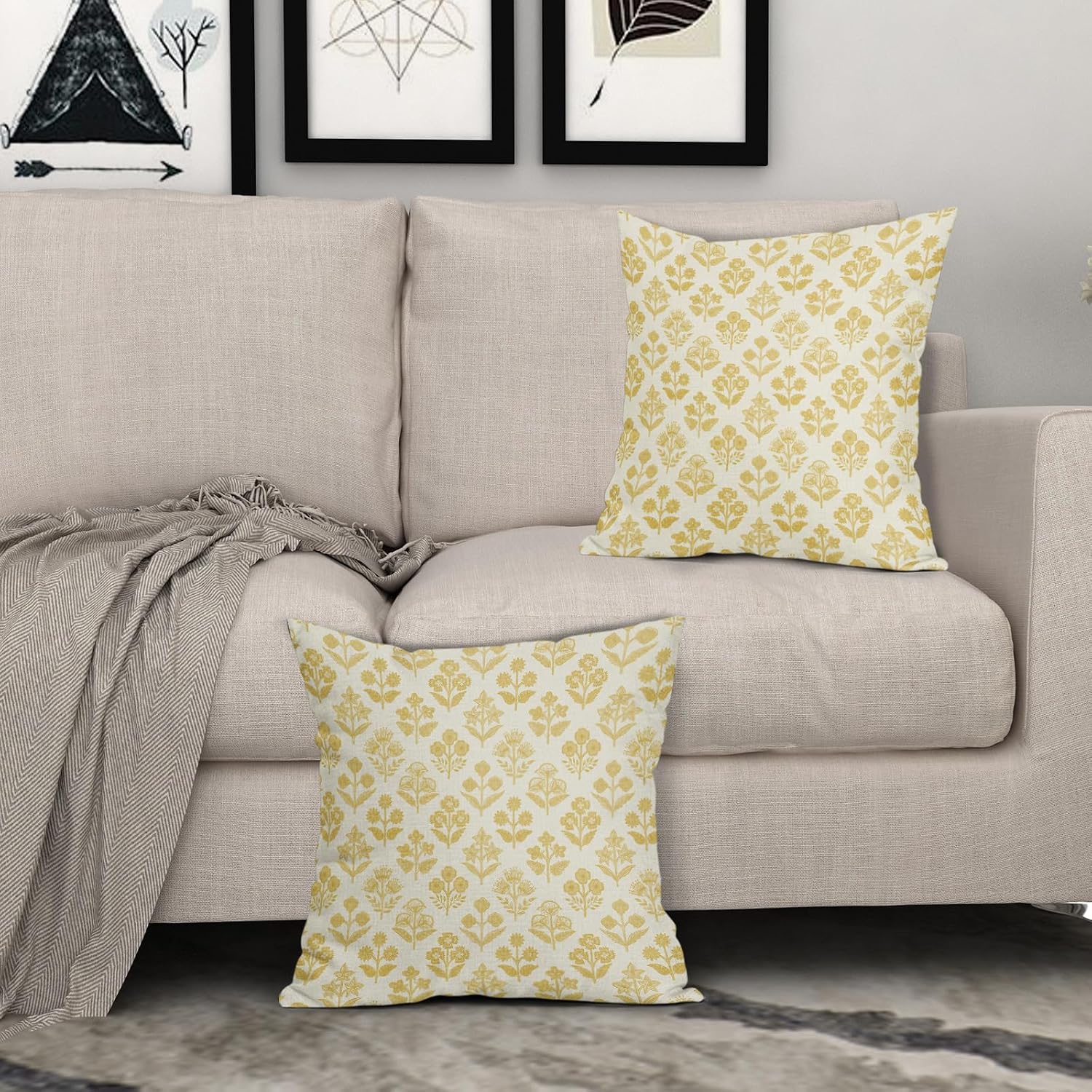 Yellow Floral Pillow Covers 16x16 Inch Set of 2, Vintage Flower Block Print Pattern Decorative Throw Pillowcases Outdoor Farmhouse…