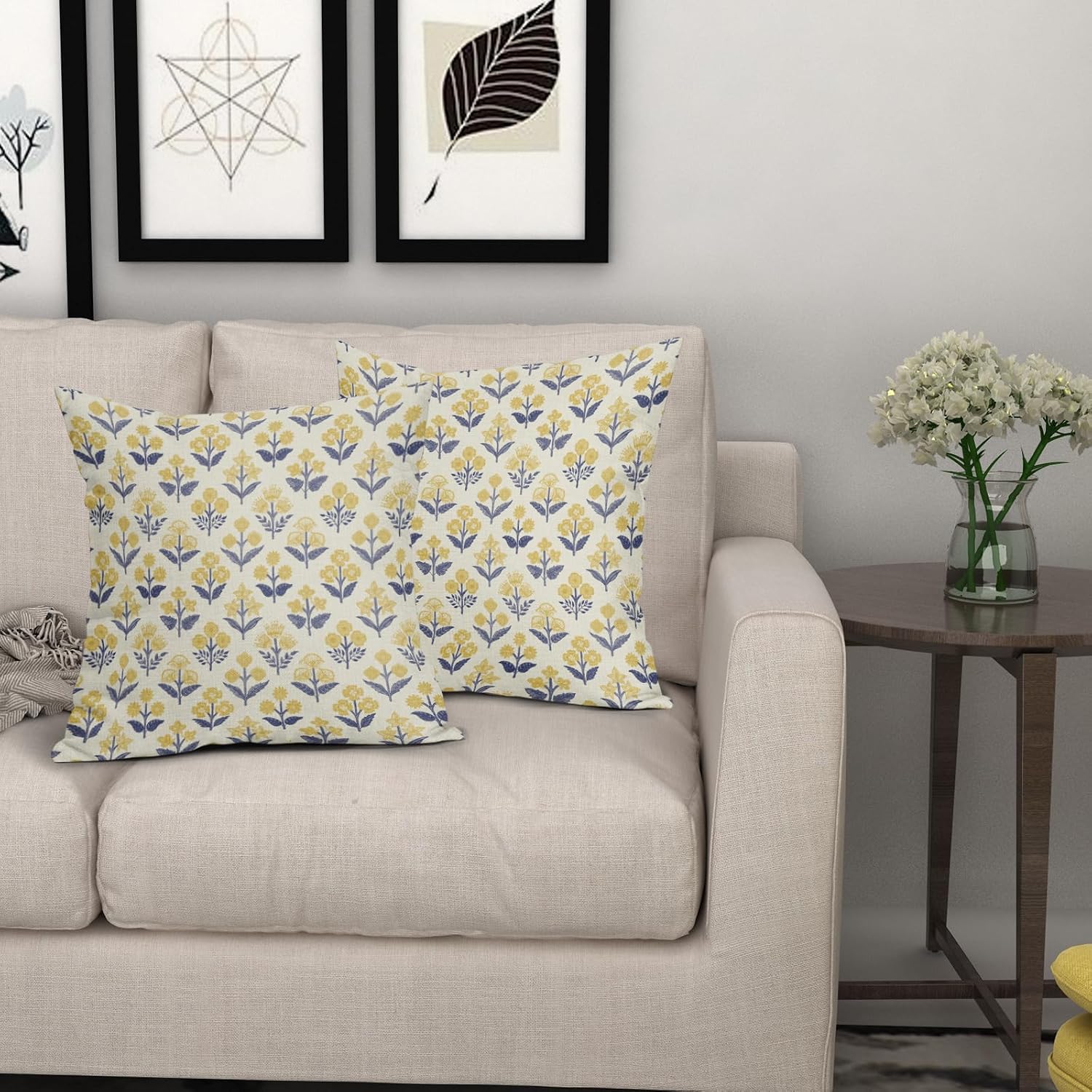Navy Blue Yellow Floral Block Print Pillow Covers 20x20 Inch Set of 2, Vintage Flower Pattern Decorative Throw Pillowcases Outdoor…