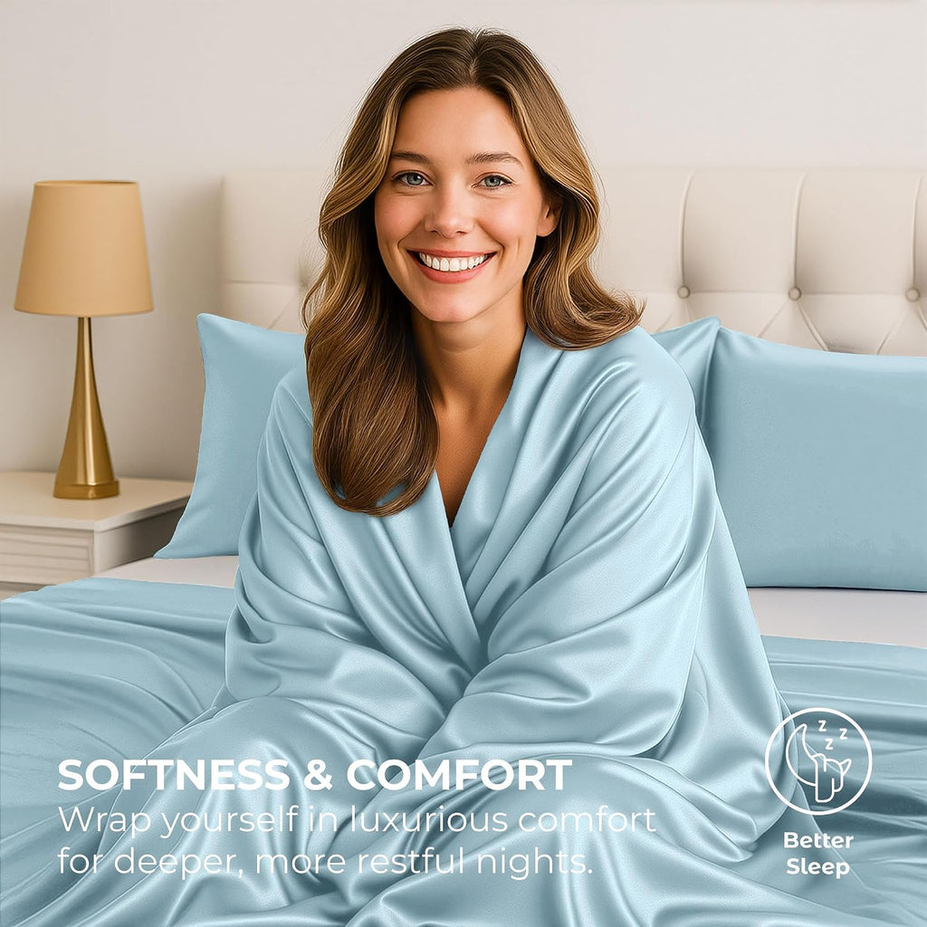 PureBedding Satin Sheets Queen [4-Piece, Skyblue] Hotel Luxury Silky Bed Sheets - Extra Soft 1800 Microfiber Sheet Set, Wrinkle, Fade, Stai…