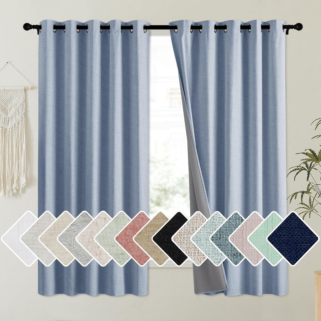 NICETOWN Stone Blue Vintage Linen 100% Blackout Curtains for Kitchen, Thermal Insulated Curtains 63" Long, Noise Reducing Window…
