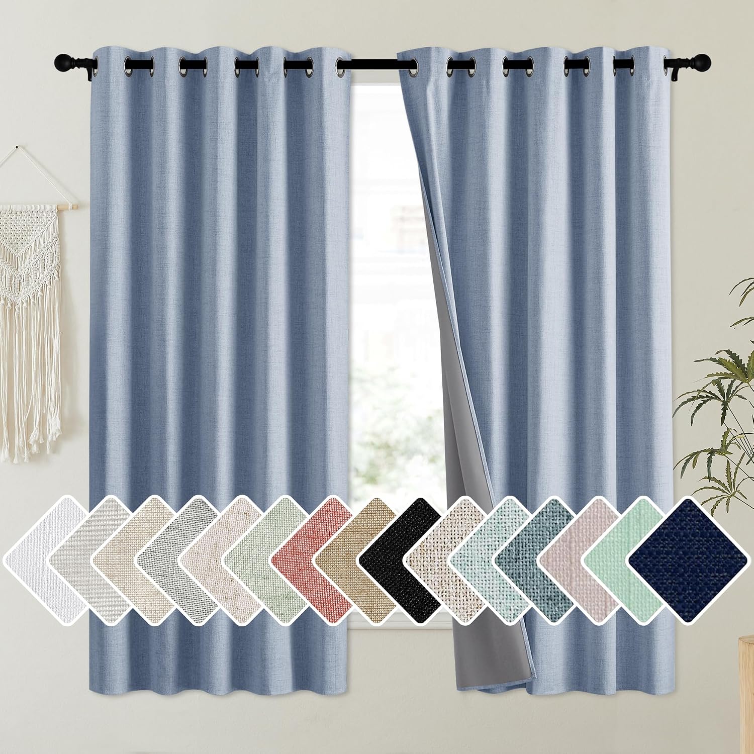NICETOWN Stone Blue Vintage Linen 100% Blackout Curtains for Kitchen, Thermal Insulated Curtains 63" Long, Noise Reducing Window…