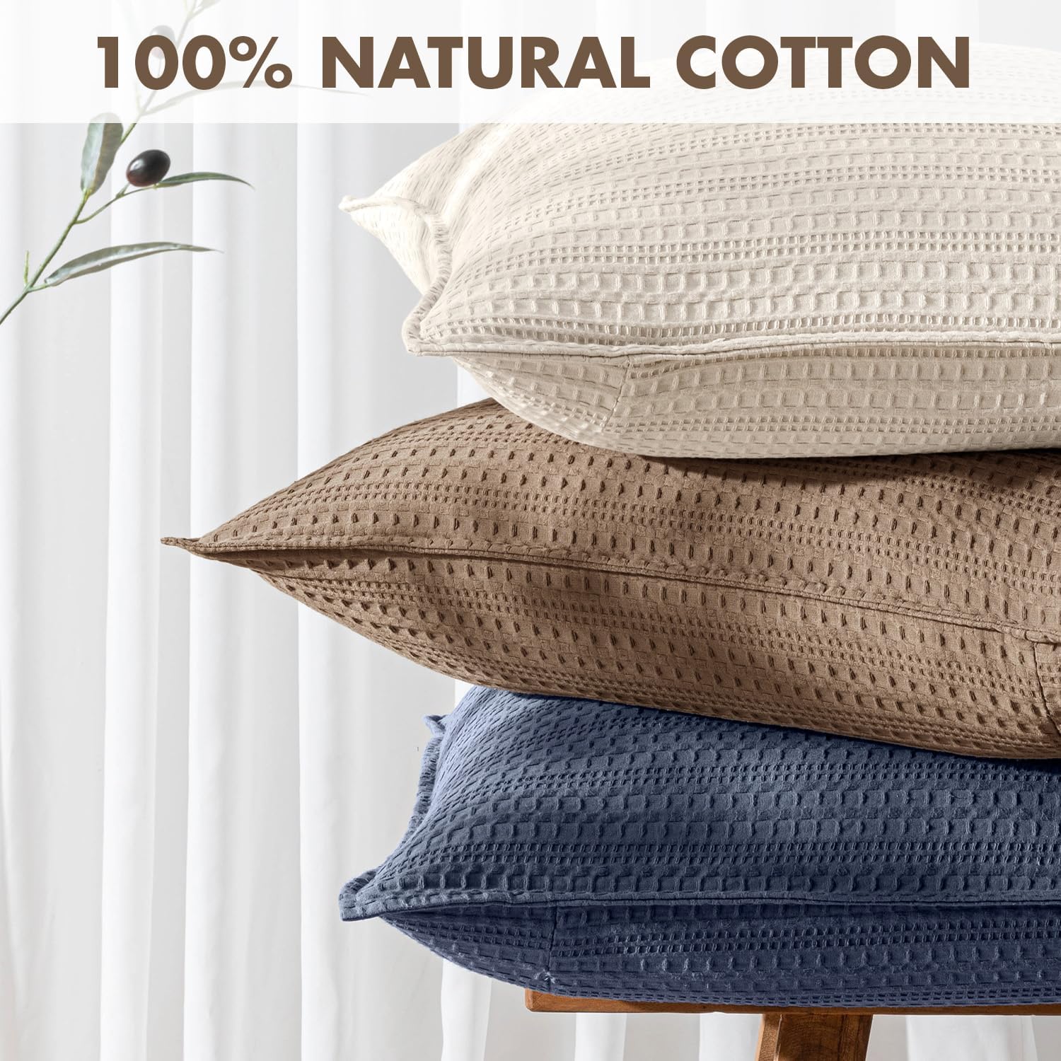 Set of 2 Decorative 100% Cotton Waffle Euro Sham Pillow Covers 26x26, Neutral Throw Pillows Weave European Cushion Cases for Couch Sofa…