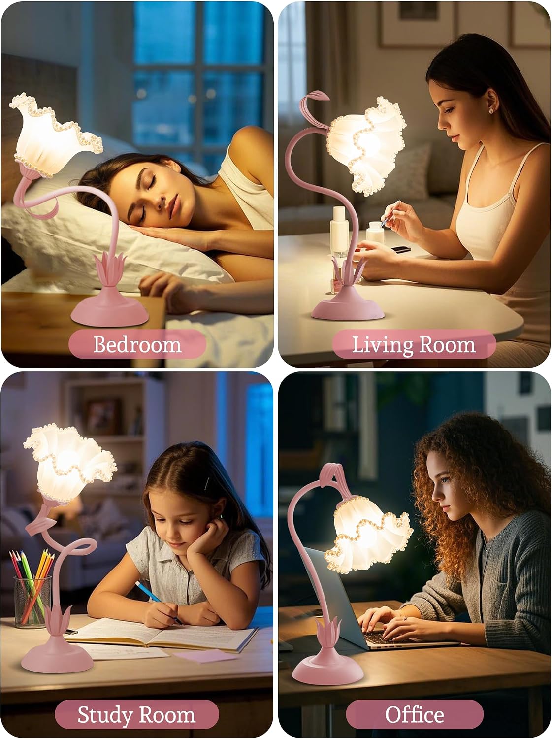 Flower Table Lamp Bedside Lamps LED Reading Light,3 Color Modes Cute Small Lamp, Vintage Flower Lamp Kawaii Table Lamp for Bedroom Living…
