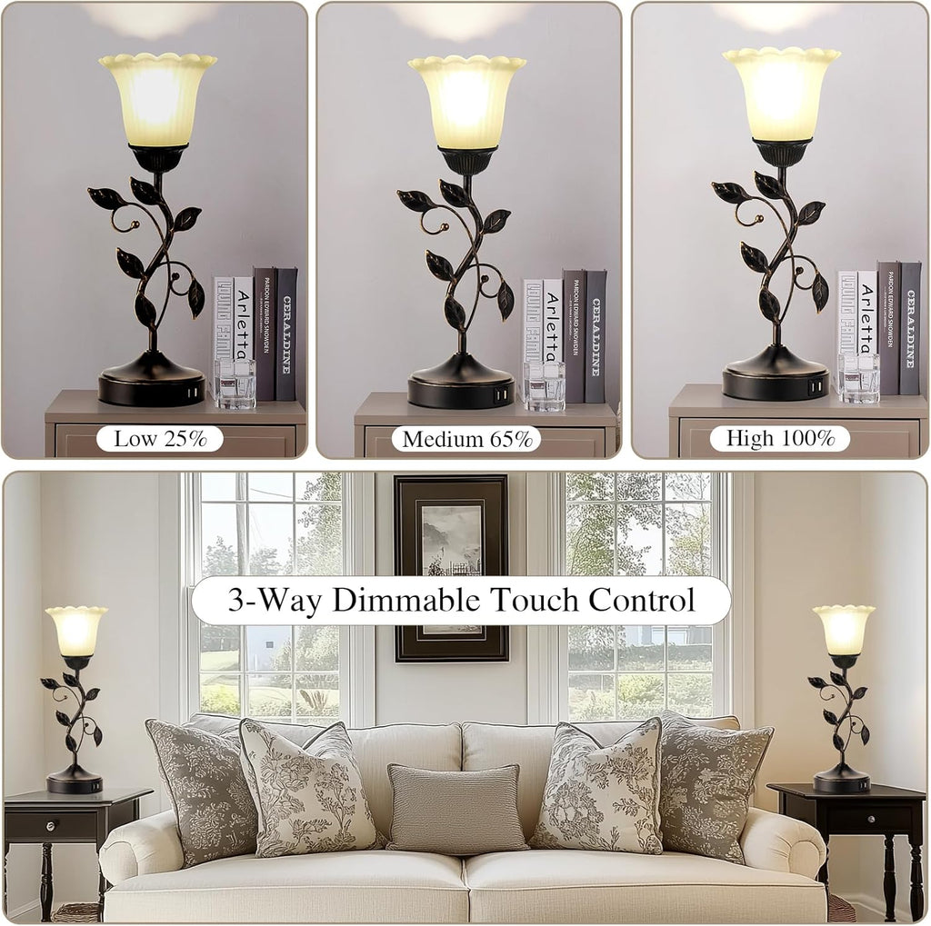 Set of 2 Touch Bedside Vintage Lamps with 2 USB Ports, 3-Way Dimmable Flower Lamps, White Glass Shade Rustic Leaf Lamp for Bedroom Side…