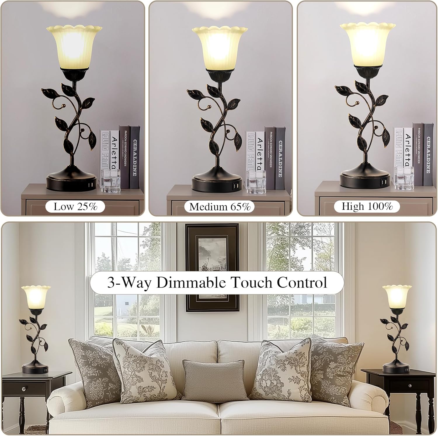 Set of 2 Touch Bedside Vintage Lamps with 2 USB Ports, 3-Way Dimmable Flower Lamps, White Glass Shade Rustic Leaf Lamp for Bedroom Side…