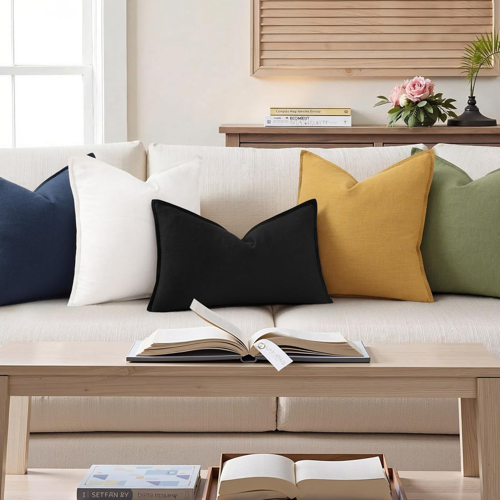 decorUhome Summer Decorative Linen Throw Pillow Covers 12x20 Inch Set of 2 Black Lumbar Pillow Covers with Flange Edges Soft Farmhouse Boho…