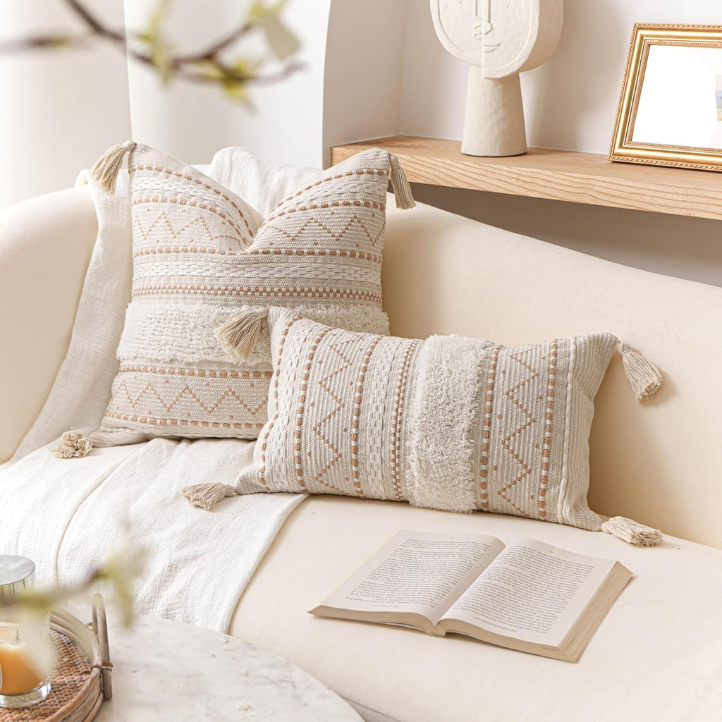 BlissBlush 18X18 Throw Pillow Cover, Cream Neutral Beige Square Decorative Cushion Cover, Boho Accent Pillowcase with Tufted Details and…