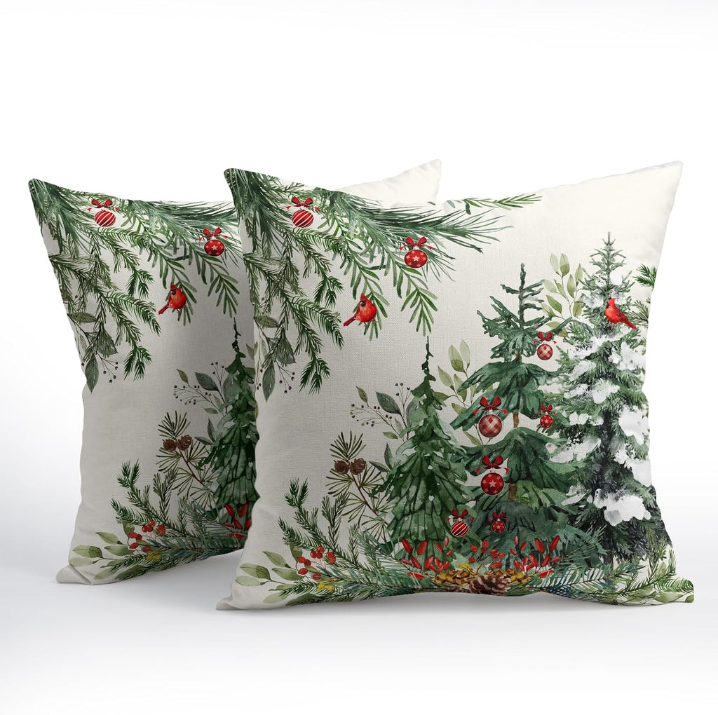 Granbey Green Christmas Tree Throw Pillow Covers 24x24 Inch Set of 2 Winter Pine Trees Red Berry Bells Birds Decorative Pillowcase Xmas Hol…