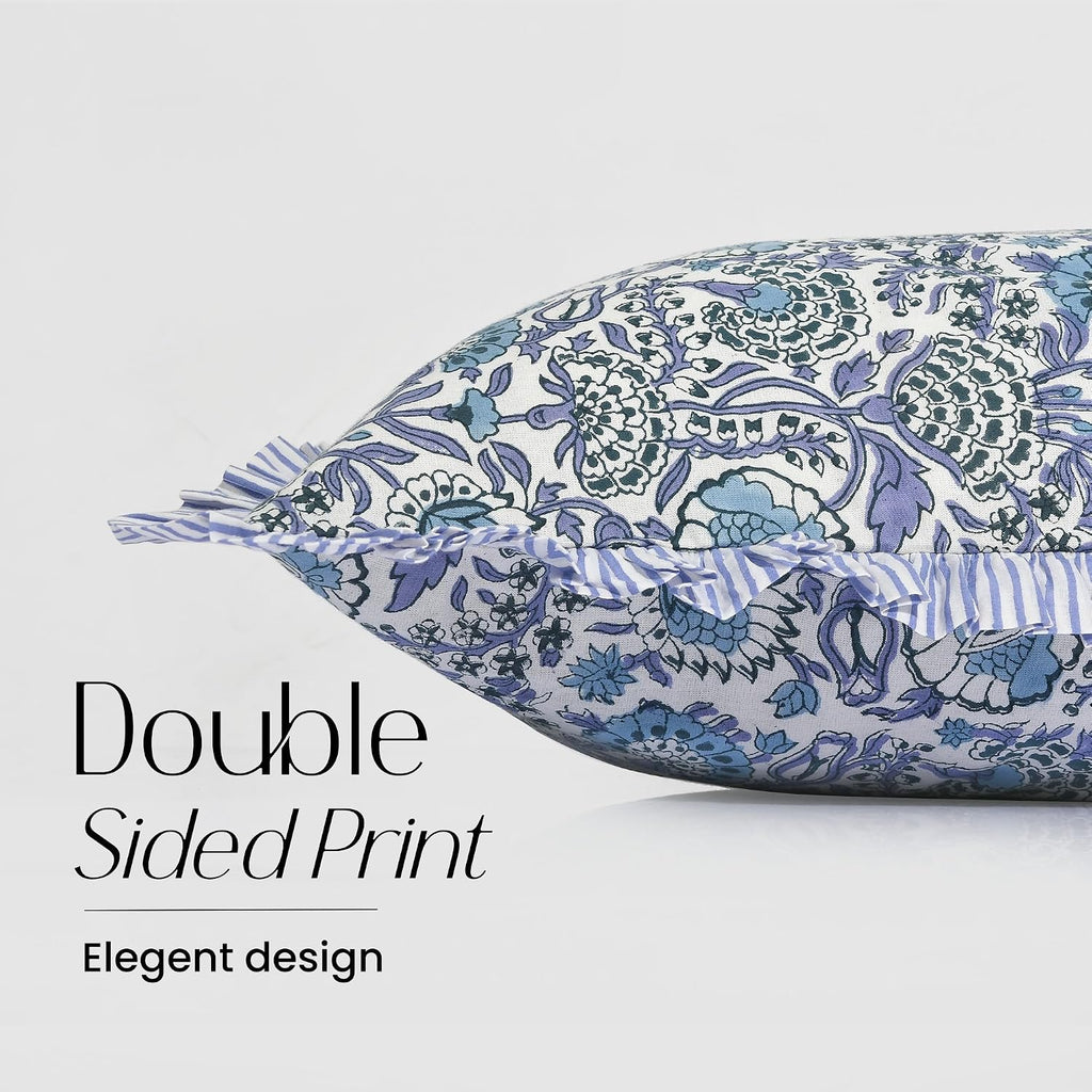 Cottonprintclub CPC Hand Block Print Indigo Blue Ruffle Sham Pillow Cover 36" x 14" inch Hidden Zipper Decorative Pillowcase for Couch, Bed…