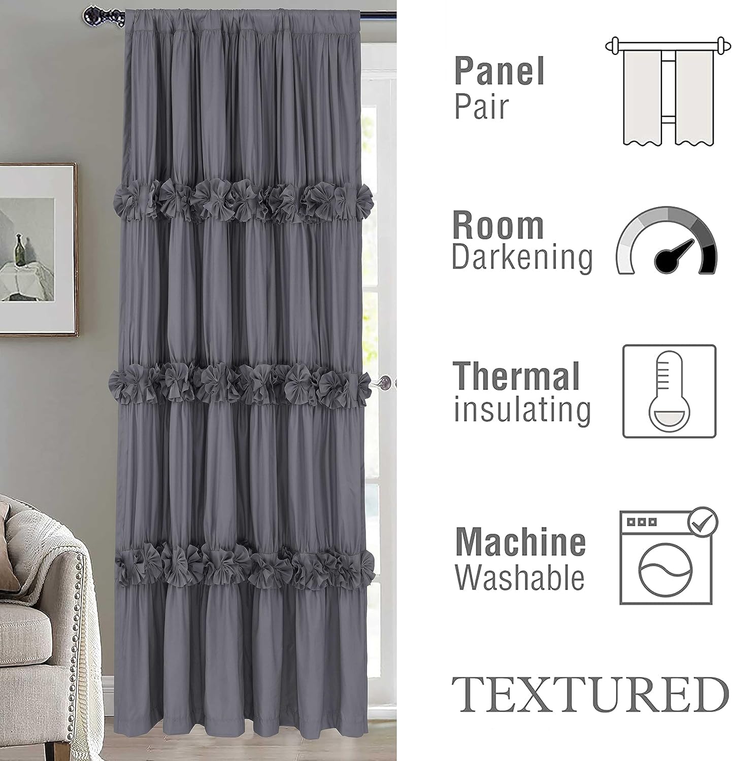 Homechoice Decor Thermal Insulated Blackout Window Curtains, 54" W x 84" L x 2 Panels, Boho Ruched Window Treatments with 3 Rows of…