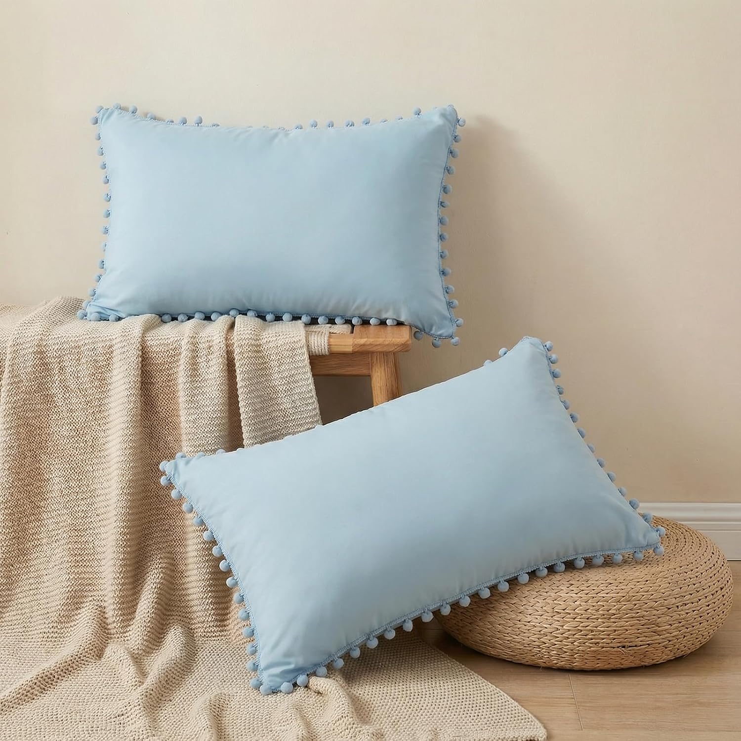 Moveover Sky Blue Pom Poms Pillowcases, Blue Standard Pillow Cases Set of 2, 100% Washed Microfiber, Pale Blue Ball Fringe Pillow Cover, 2 P…