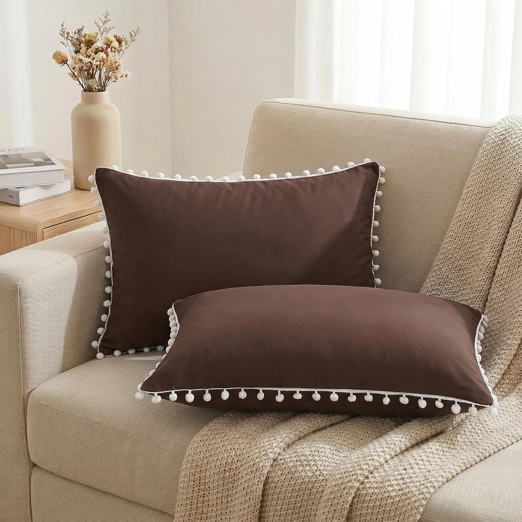 Moveover Chocolate Pom Poms Pillow Cases, Boho Pillowcases Set of 2, 100% Soft Washed Microfiber, Dark Brown Pom Poms Pillow Shams King, 2…