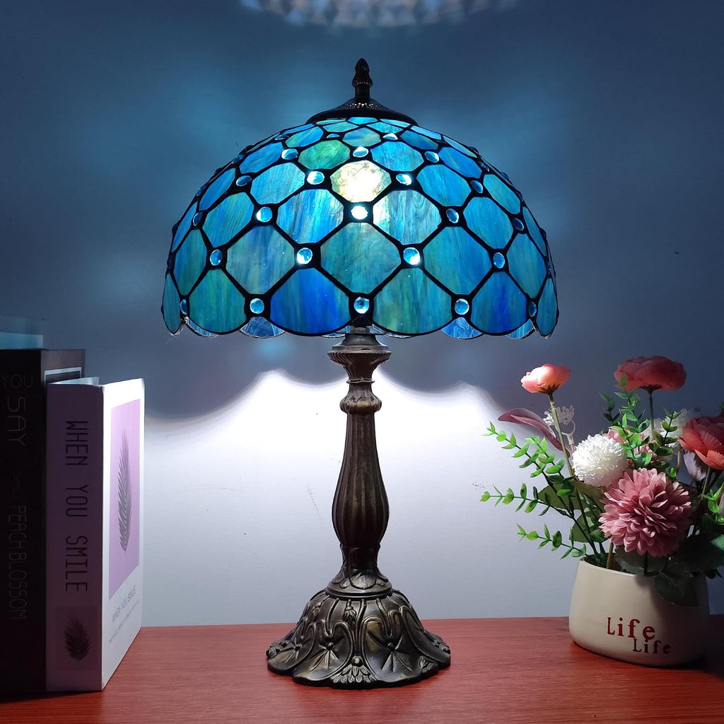 Tiffany Table Lamp Stained Glass Antique Bedside Nightstand Lamp Blue Pearl Style Small Antique Desk Light for Bedroom Living Room Home…